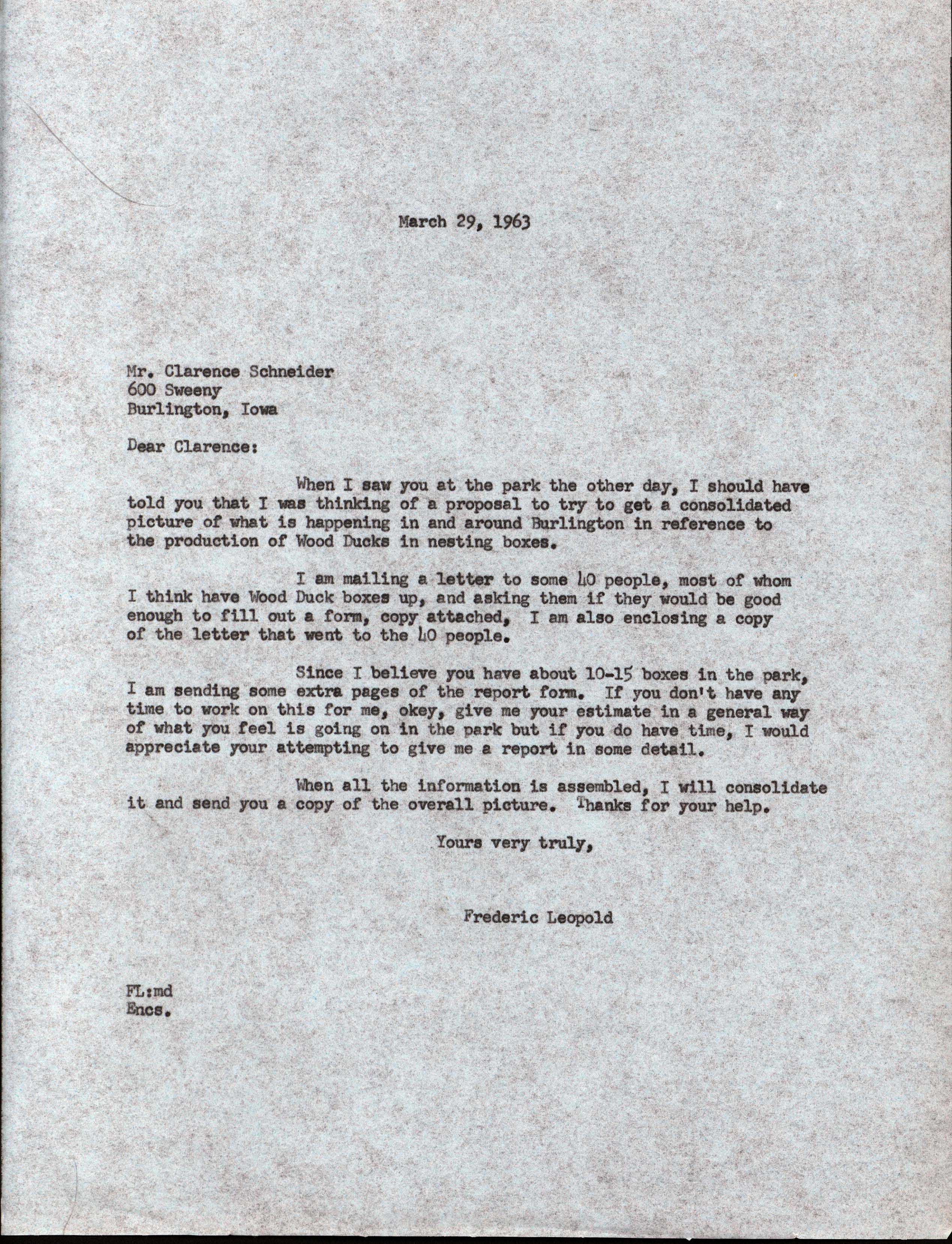 Frederic Leopold letter to Clarence Schneider regarding a Wood Duck study, March 29, 1963