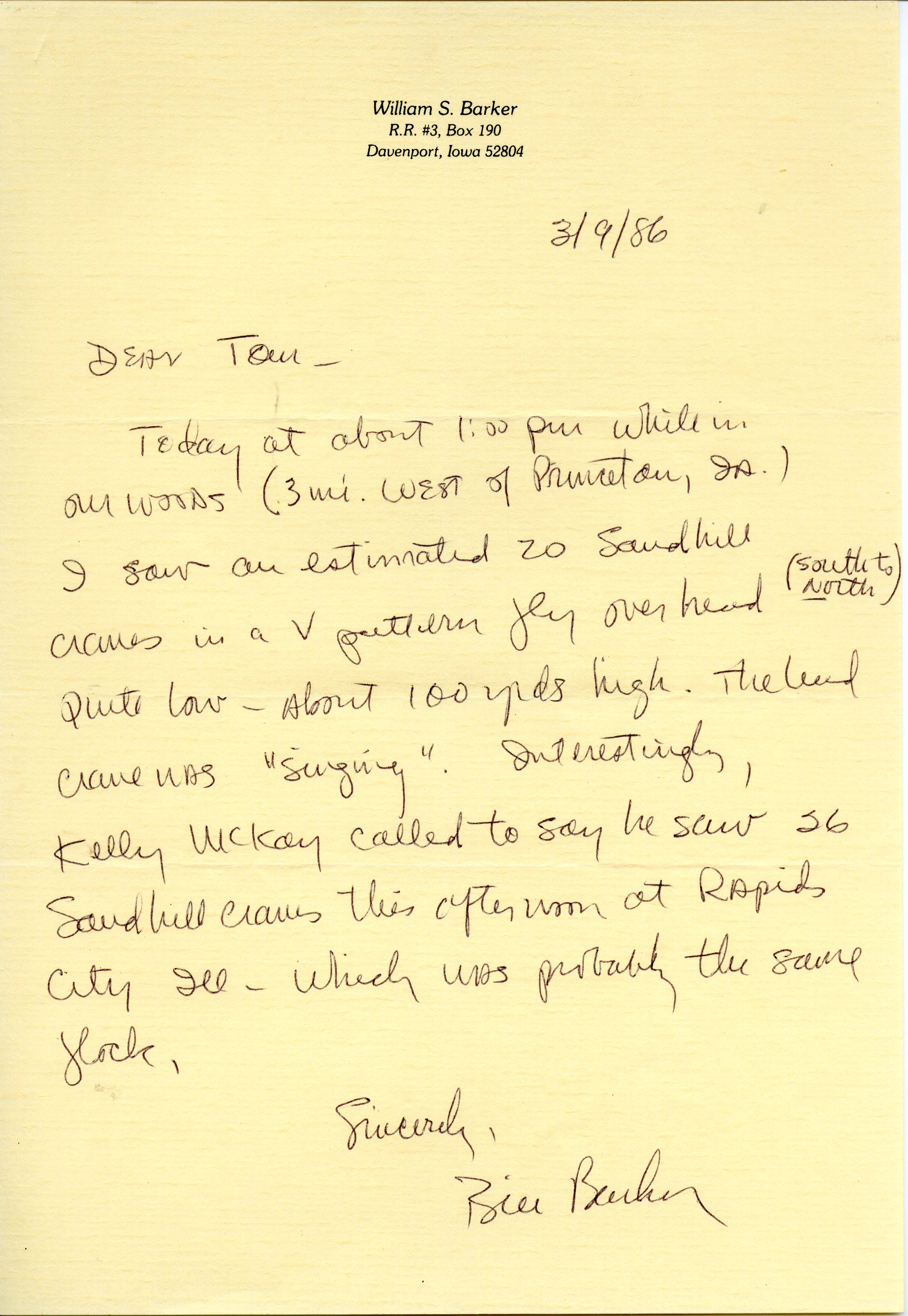 William Barker letter to Thomas Kent regarding Sandhill Crane flyby, March 9, 1986
