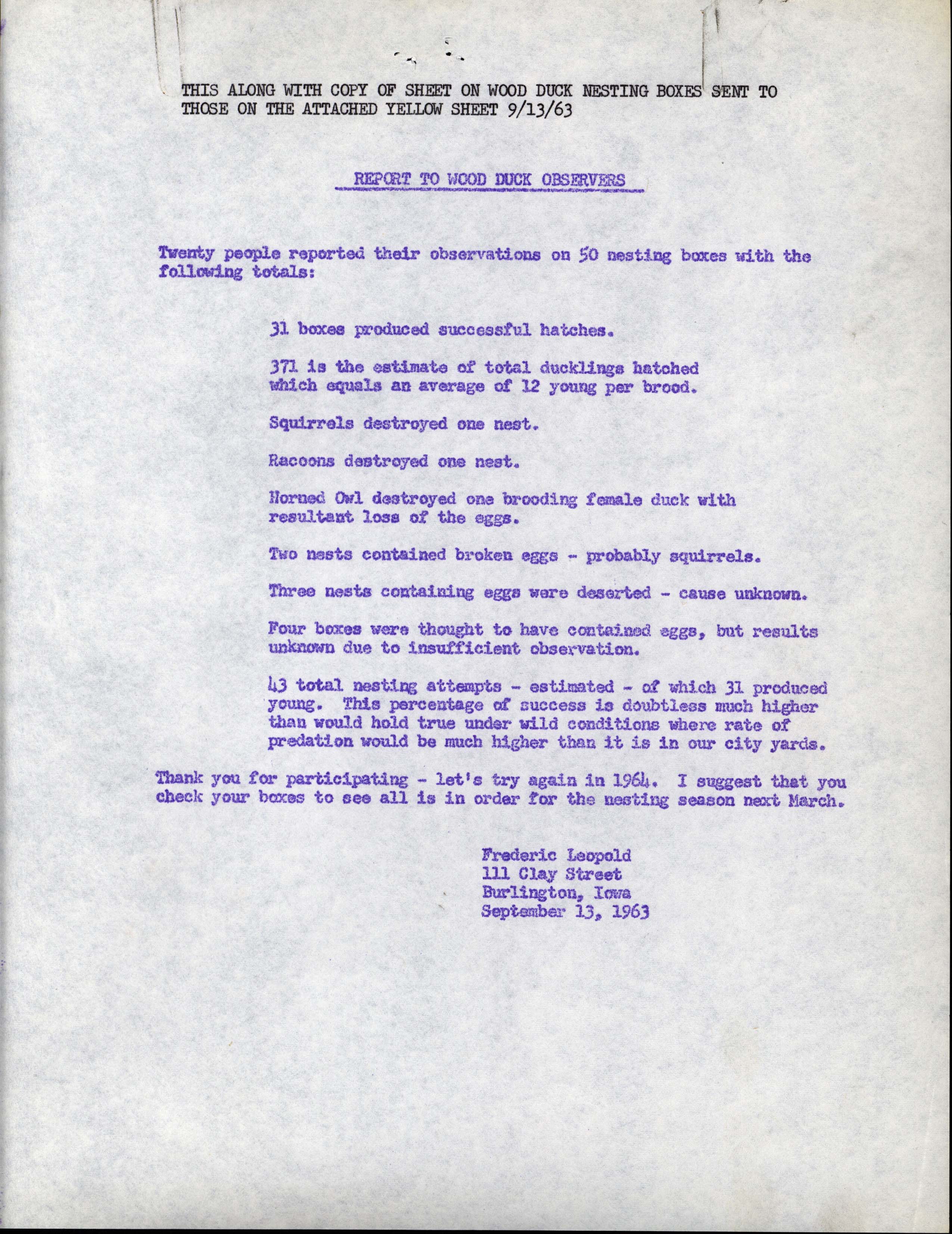 Report to Wood Duck observers with attached mailing list, September 13, 1963