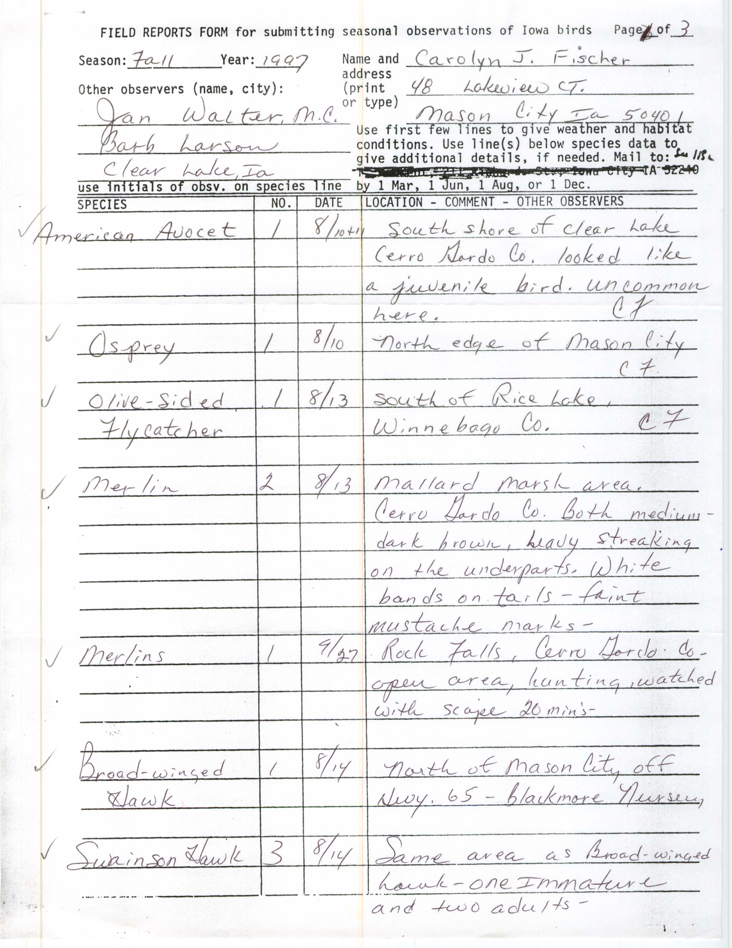 Field reports form for submitting seasonal observations of Iowa birds, Carolyn J. Fischer, fall 1997