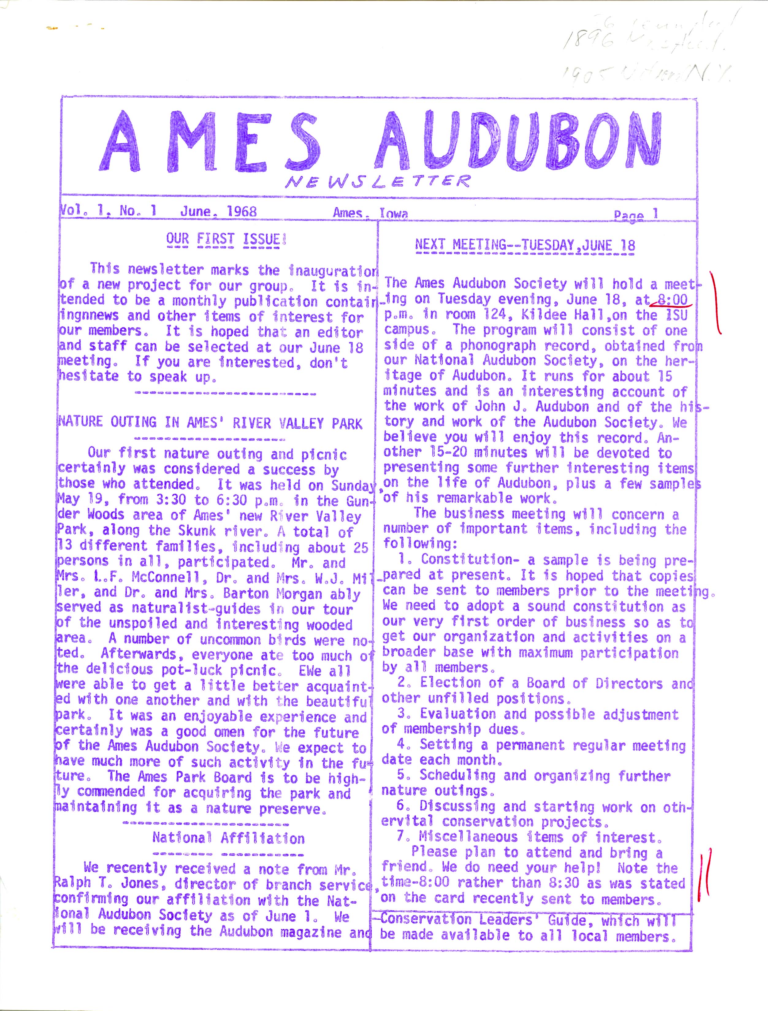 Ames Audubon Newsletter, Volume 1, Number 1, June 1968