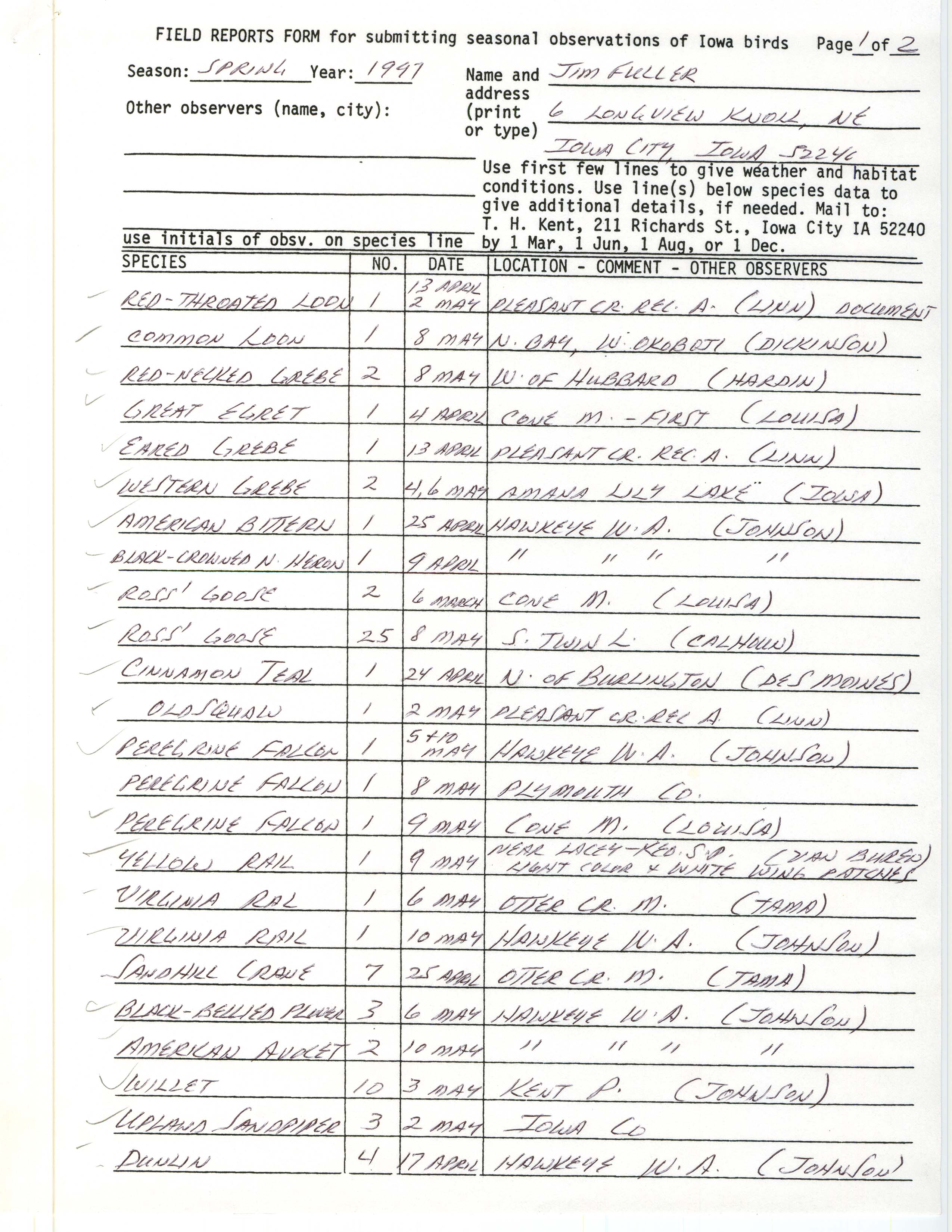 Field reports form for submitting seasonal observations of Iowa birds, James L. Fuller, spring 1997
