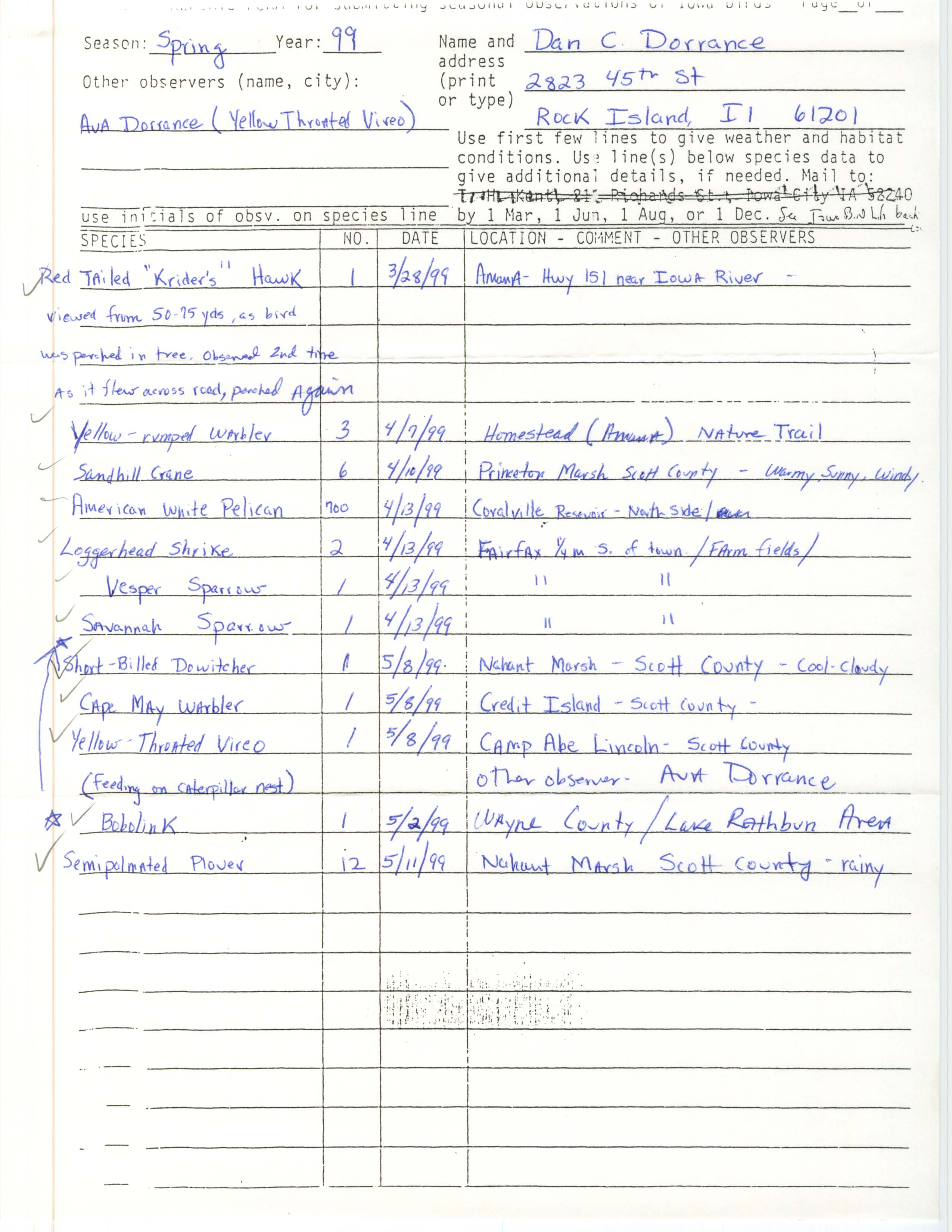 Field reports form for submitting seasonal observations of Iowa birds, Dan Dorrance, spring 1999