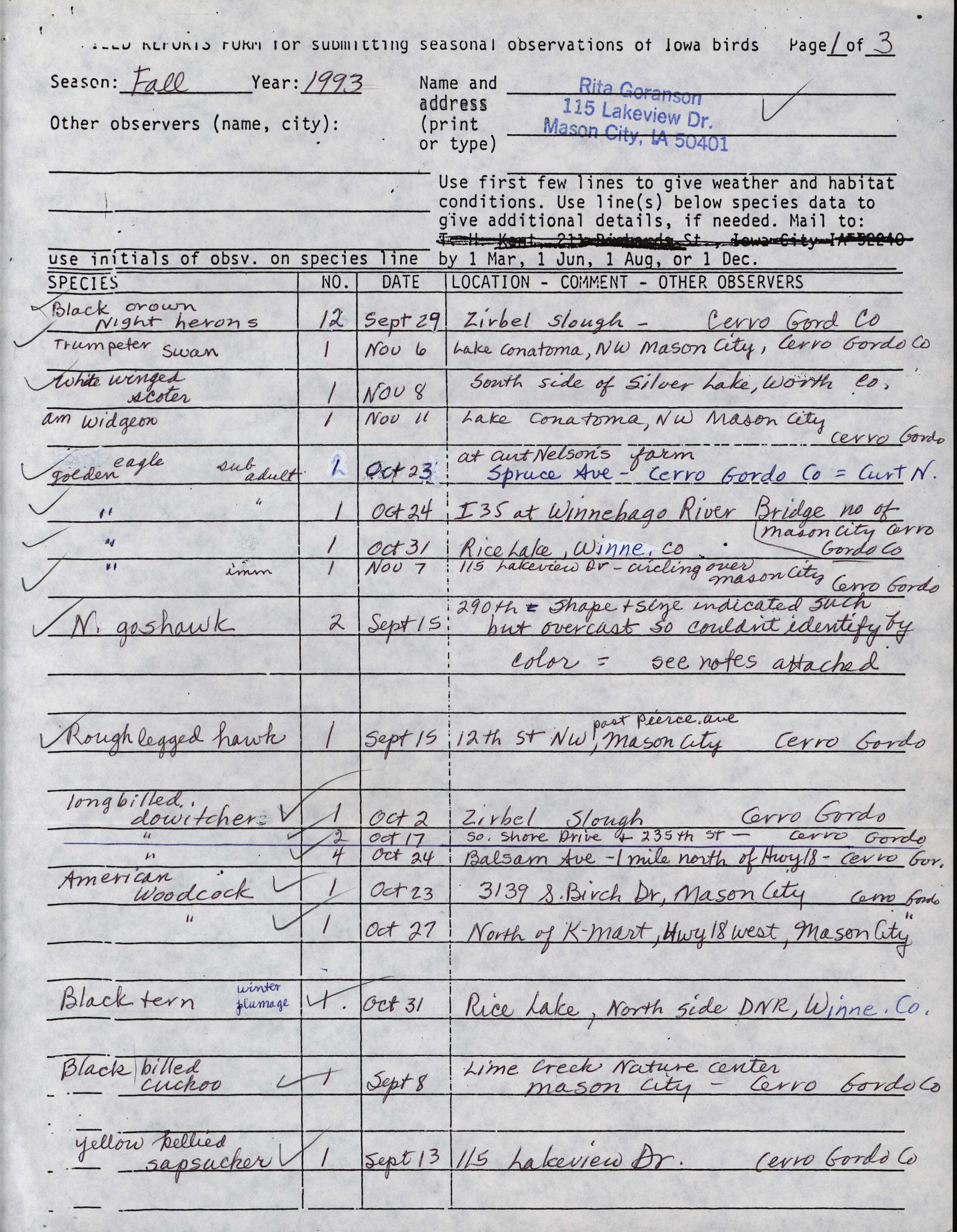 Field reports form for submitting seasonal observations of Iowa birds, Rita Goranson, fall 1993
