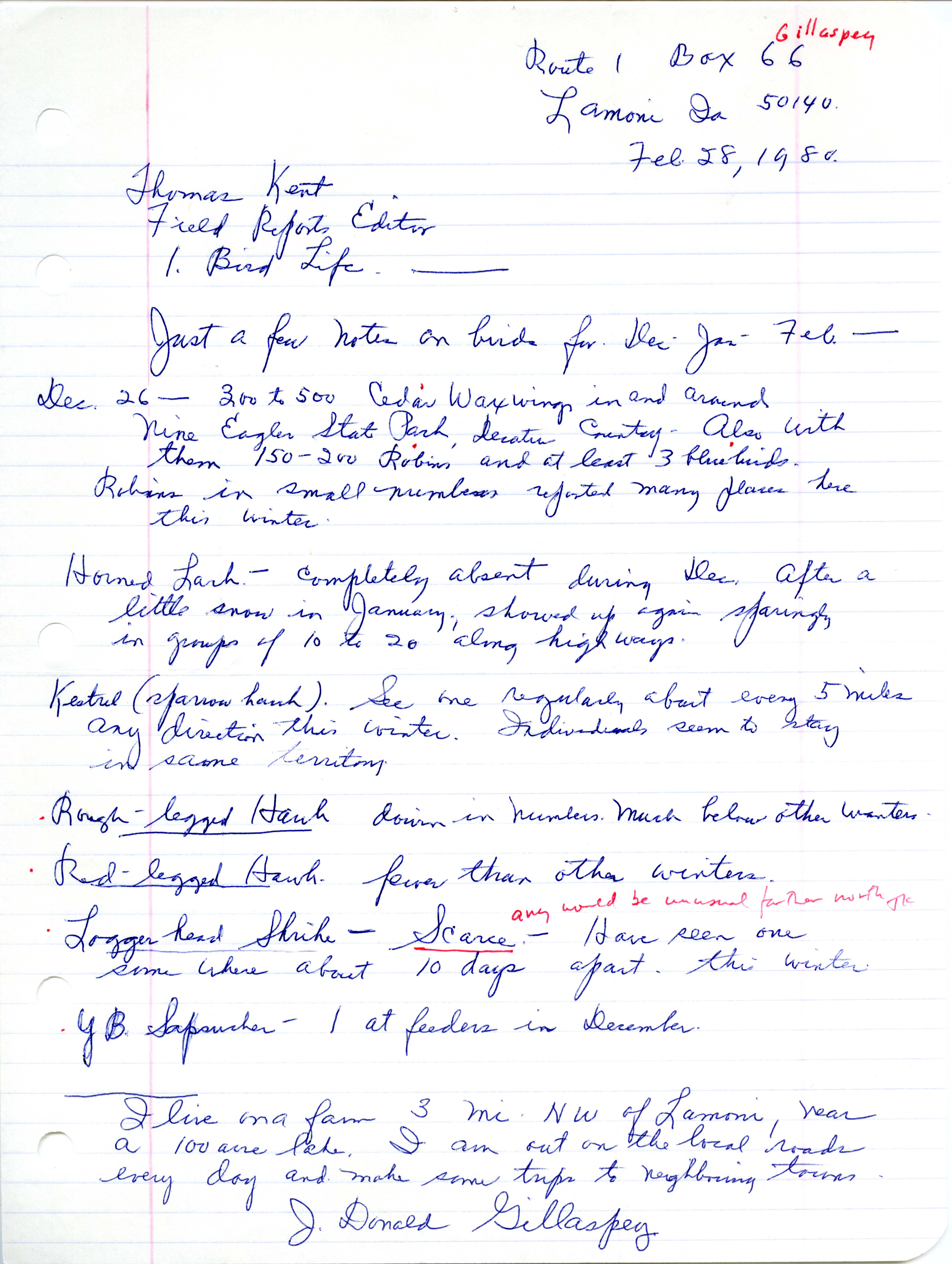 J. Donald Gillaspey letter to Thomas H. Kent regarding bird sightings, February 28, 1980
