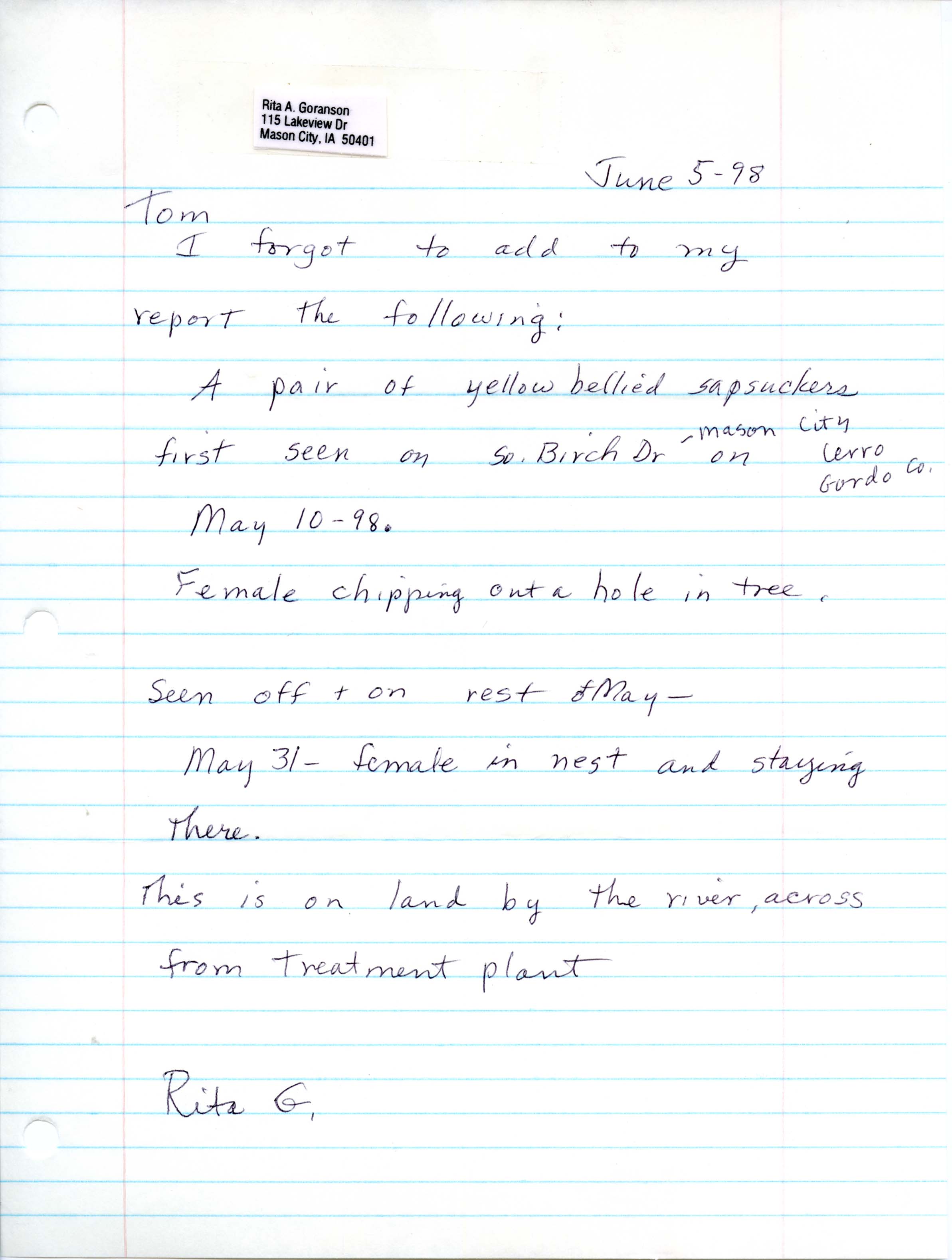 Rita Goranson letter to Thomas Kent regarding Yellow-bellied Sapsuckers, June 5, 1998