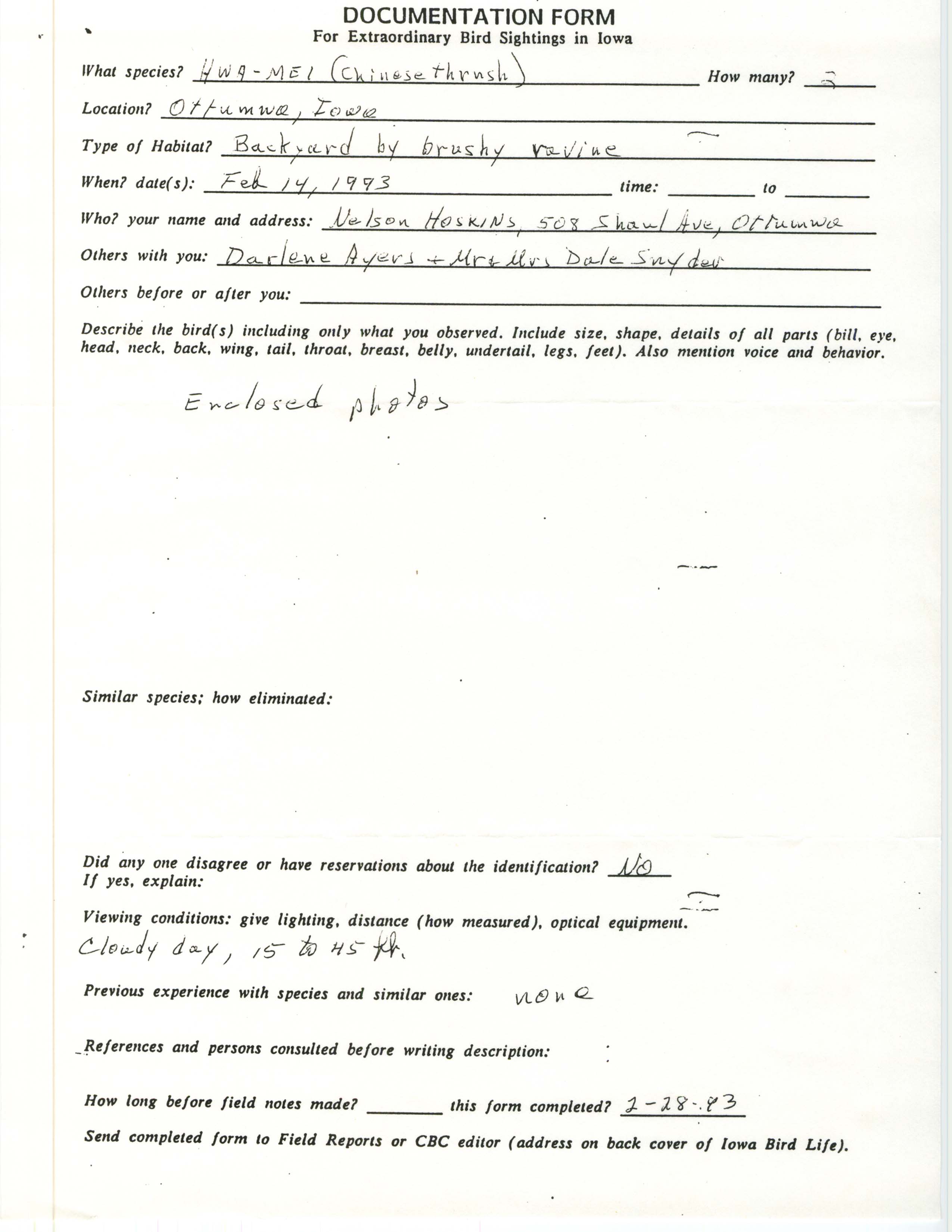 Thomas Kent letter and enclosed documentation form regarding Hwa-Mei sighting, March 4, 1993