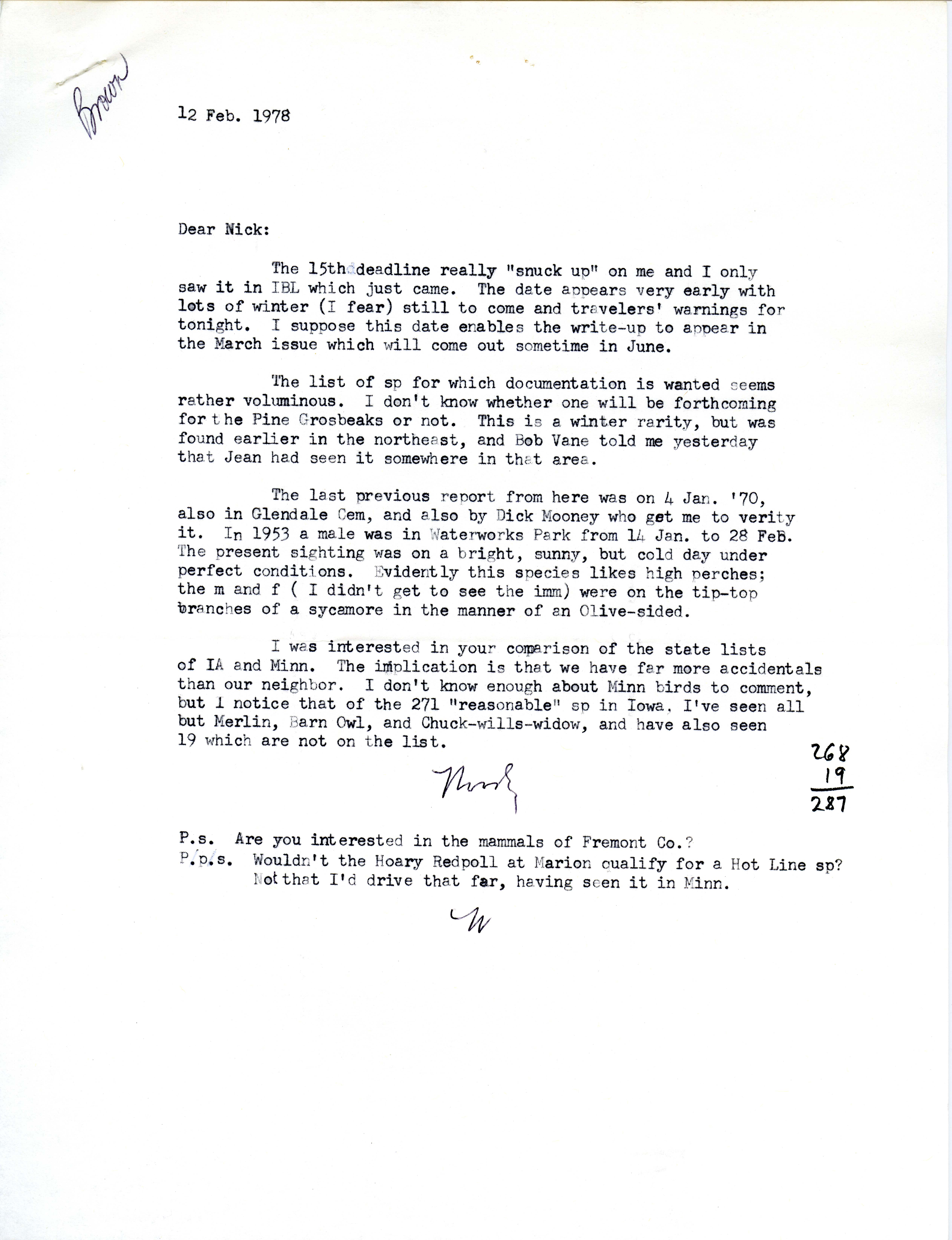  Woodward H. Brown letter to Nicholas S. Halmi regarding bird sightings, February 12, 1978
