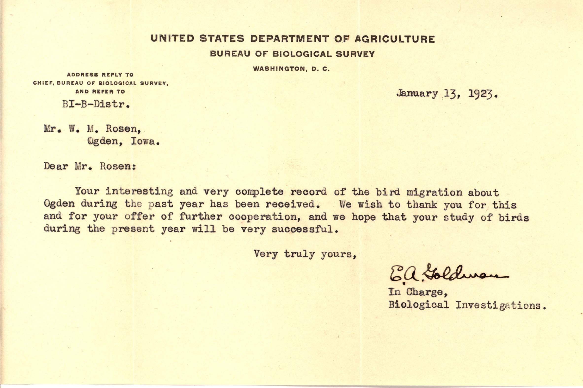 Edward Alphonso Goldman letter to Walter Rosene regarding the receipt of the 1922 bird migration report, January 13, 1923