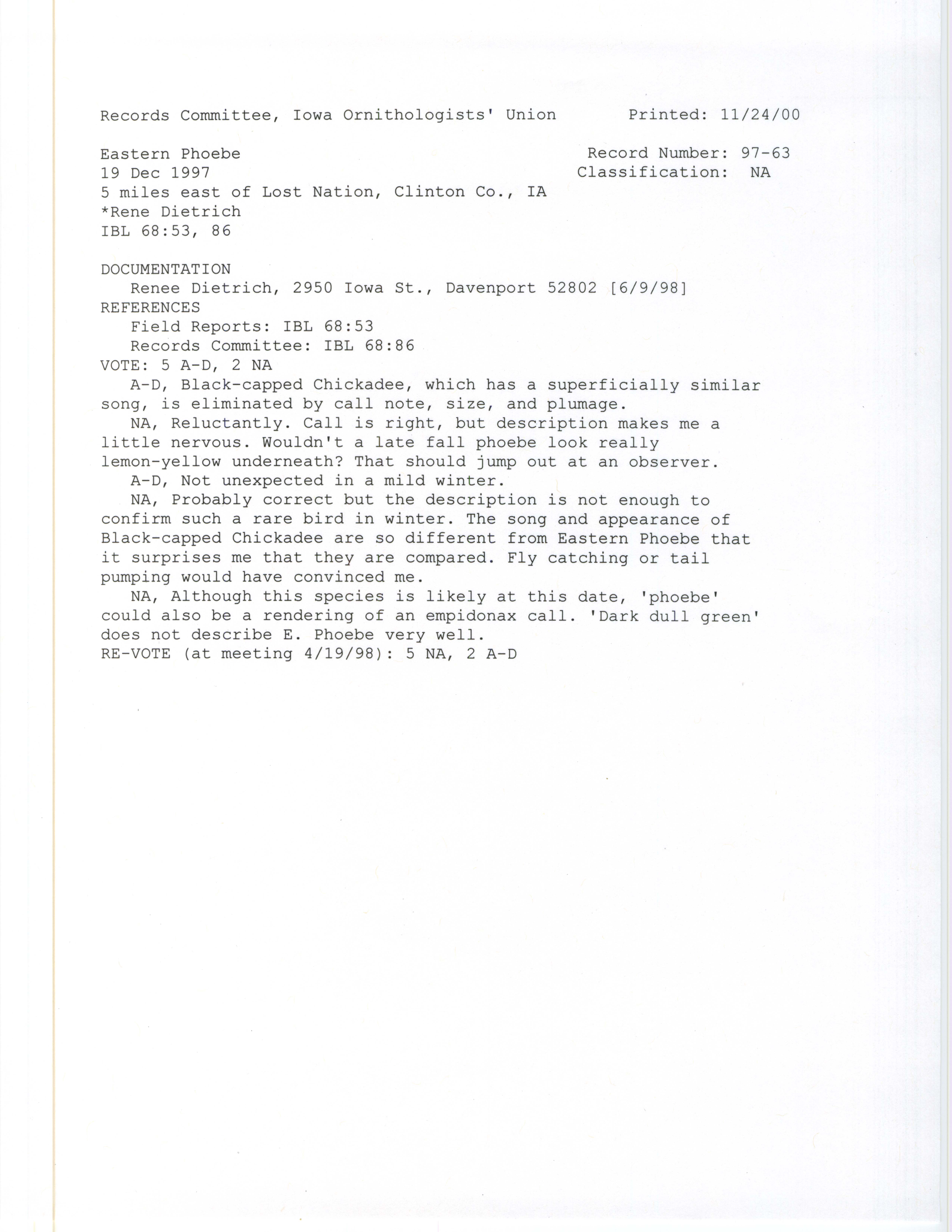 Records Committee review for rare bird sighting for Eastern Phoebe east of Lost Nation, 1997