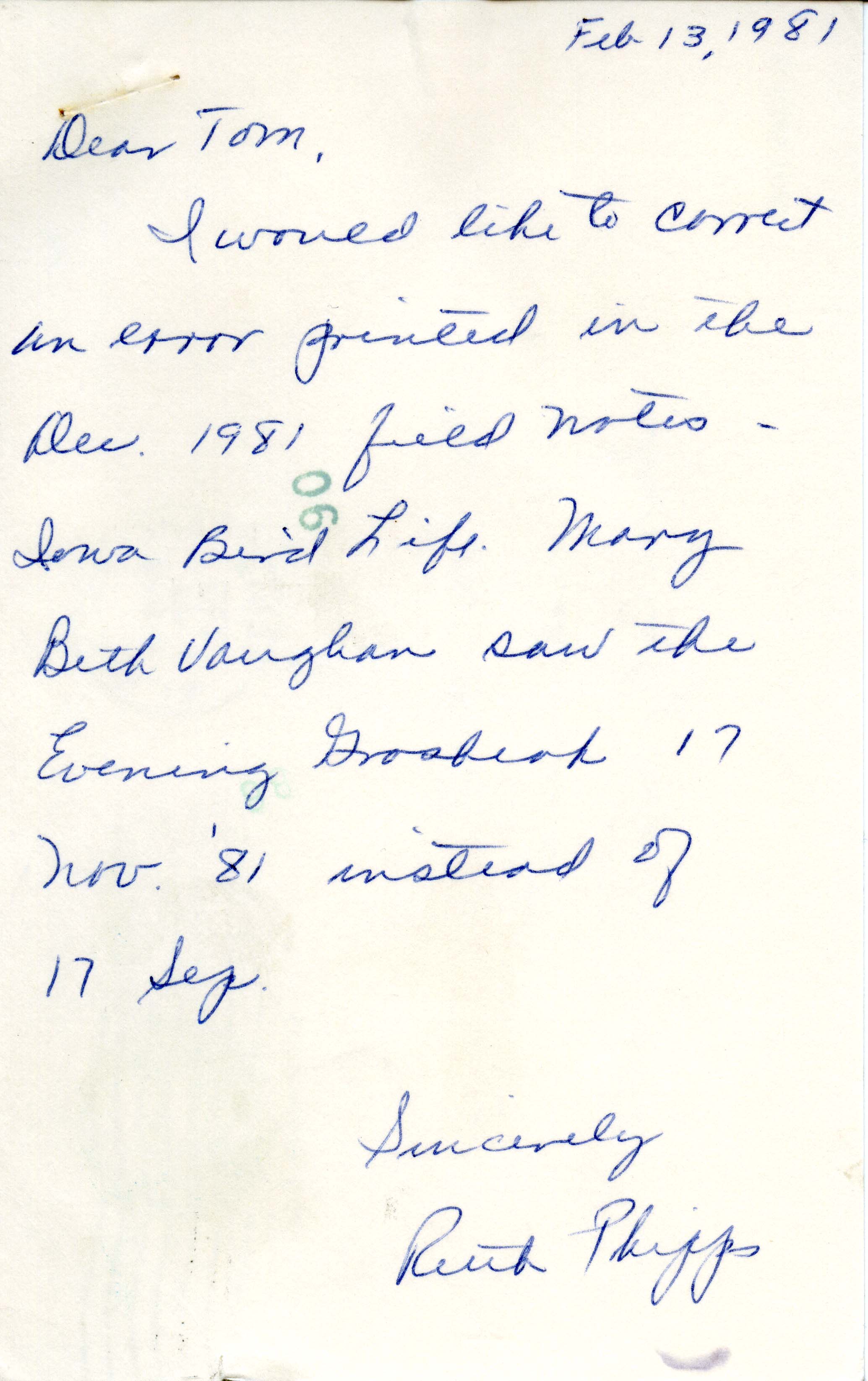 Ruth Phipps post card to Thomas H. Kent regarding field notes, February 13, 1981