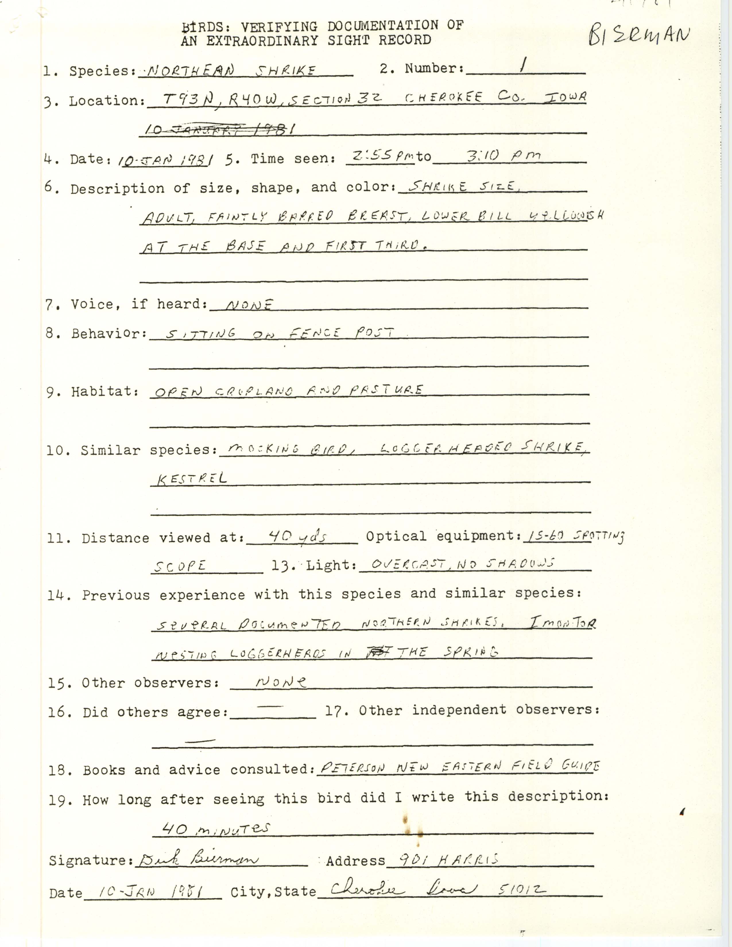 Rare bird documentation form for Northern Shrike near Gere Creek, 1981