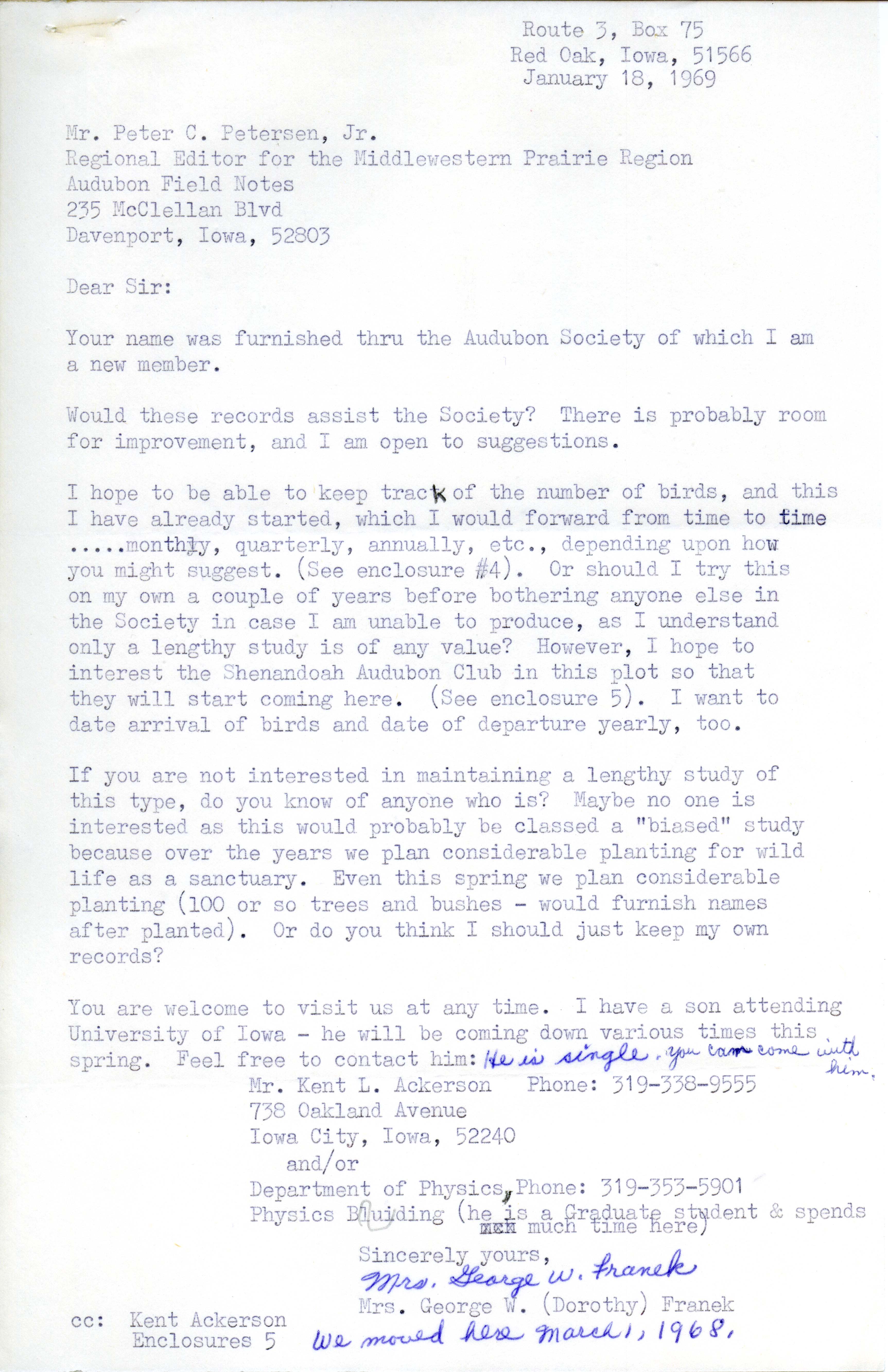 Dorothy Franek letter to Peter C. Petersen regarding bird sightings records, January 18, 1969