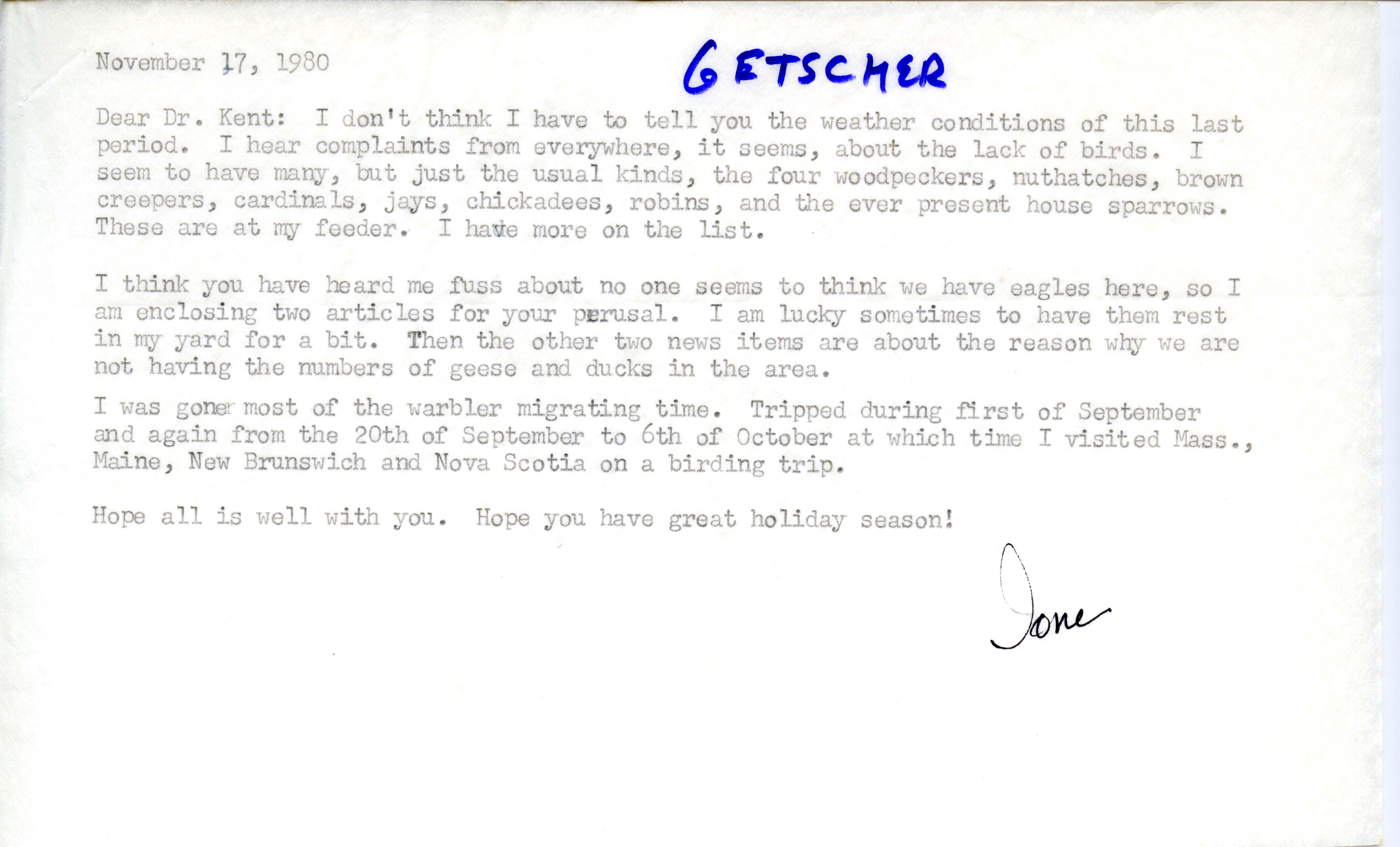 Ione Getscher letter to Thomas Kent regarding birds sighted, November 17, 1980