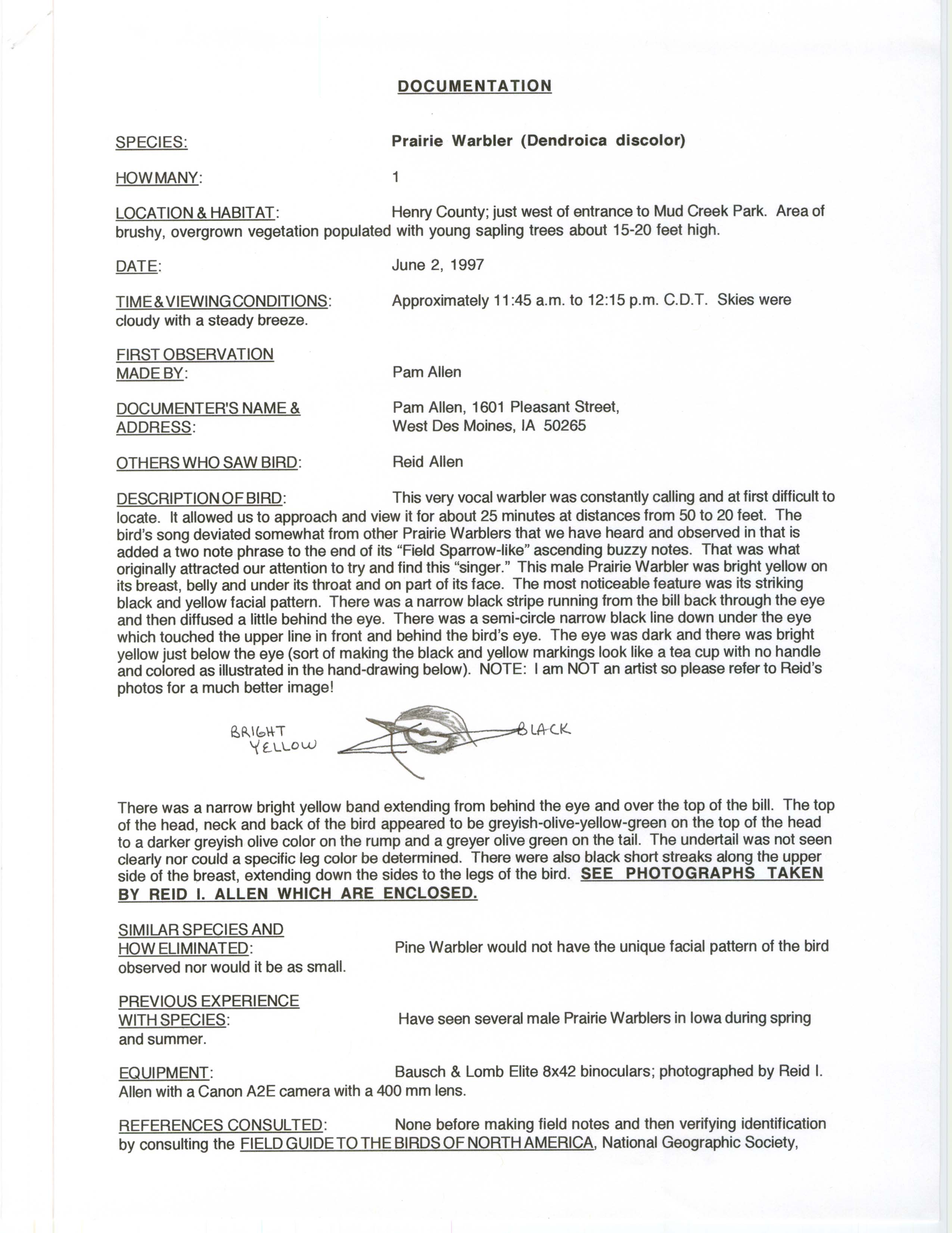 Rare bird documentation form for Prairie Warbler at Mud Creek Park in Henry County, 1997