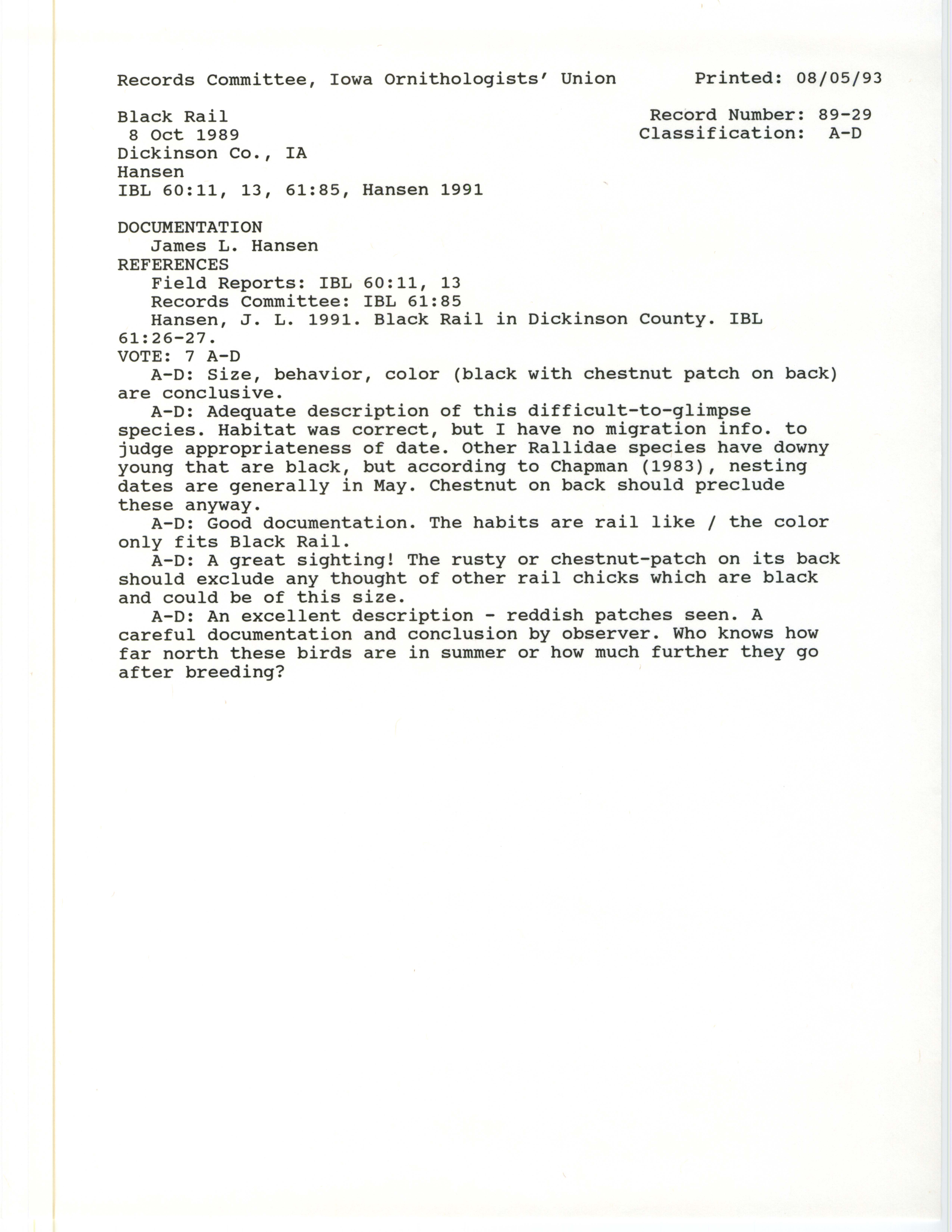 Records Committee review for rare bird sighting of Black Rail at McBreen Marsh Wildlife Area, 1989