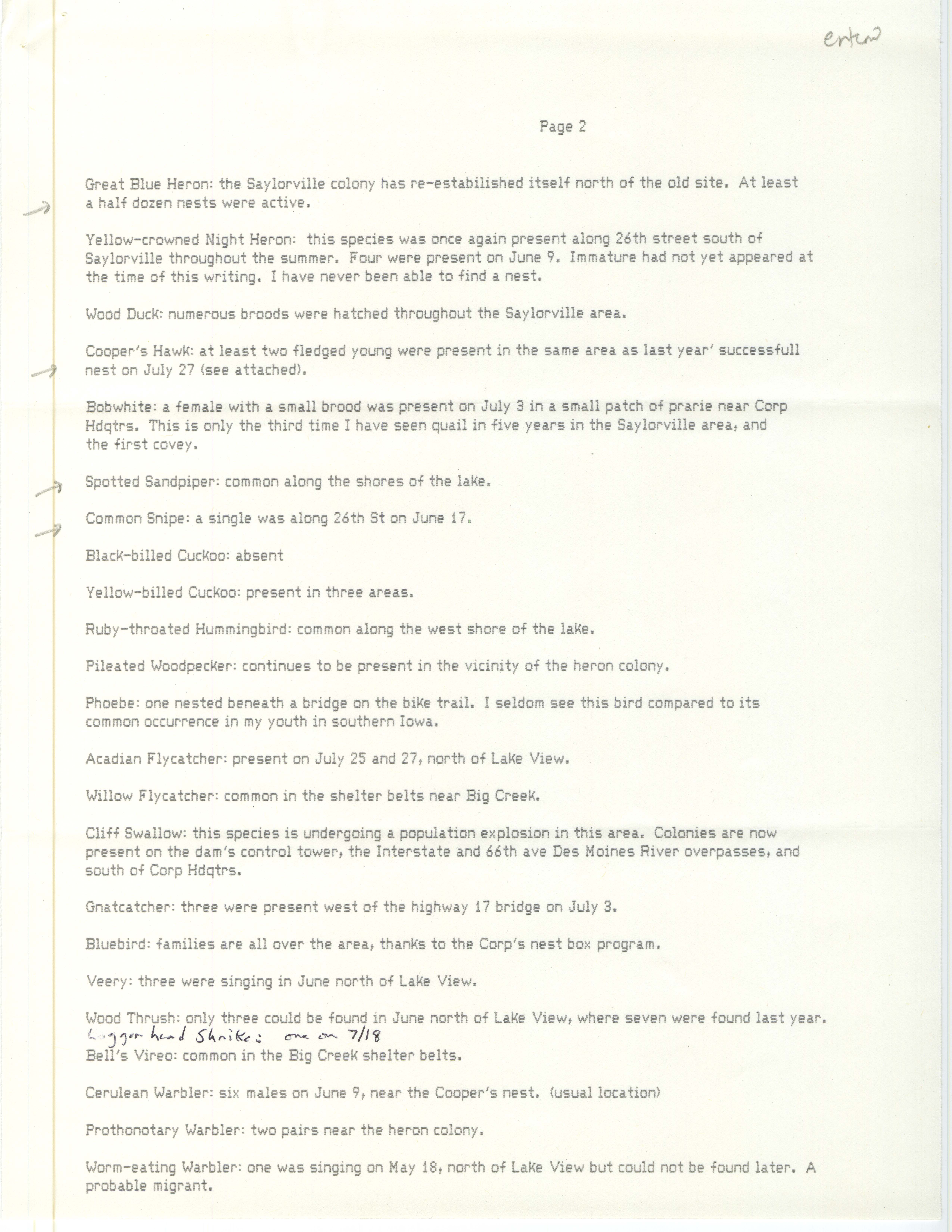 Field notes and Bery Engebretsen letter to James J. Dinsmore regarding bird sightings, August 3, 1985