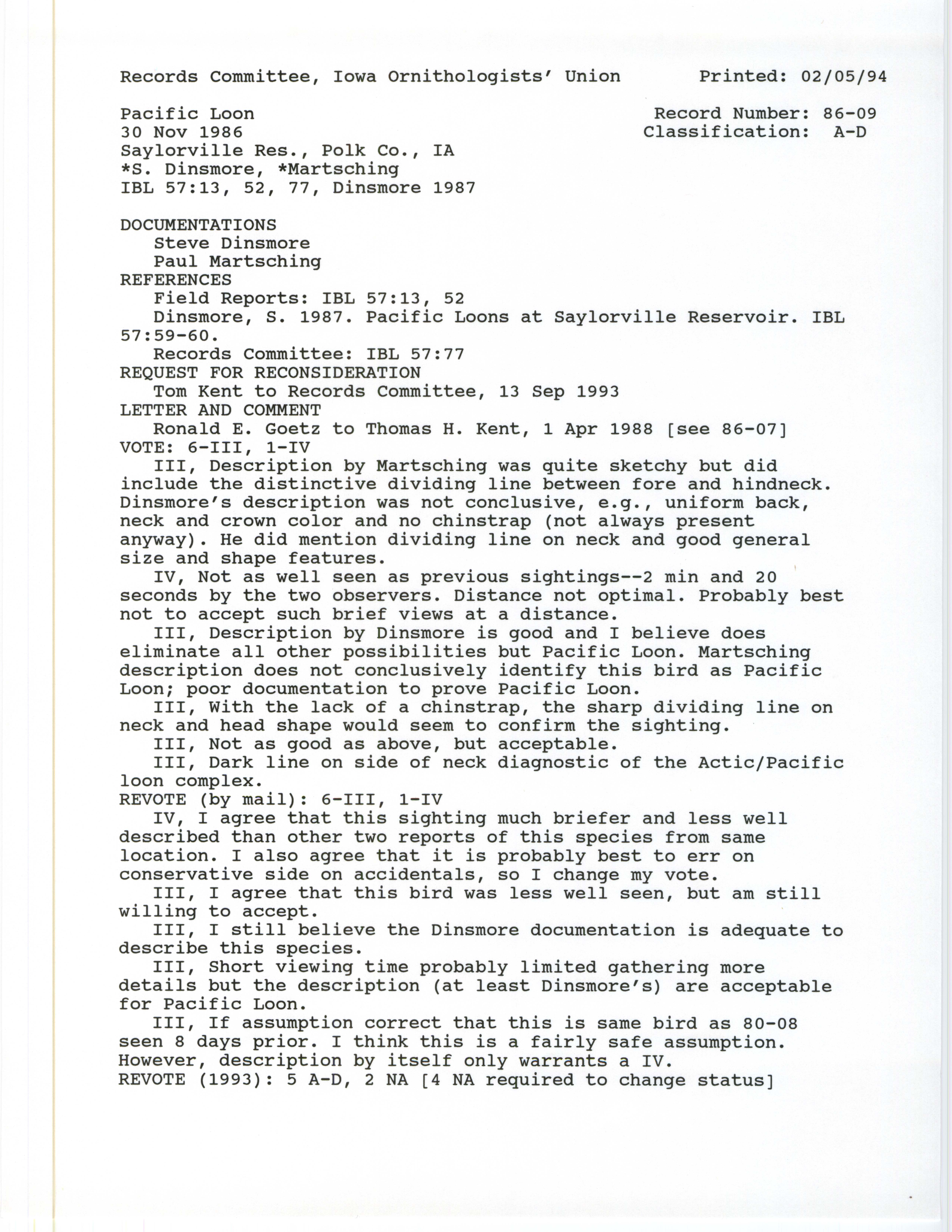 Records Committee review for rare bird sighting of Pacific Loon at Saylorville Reservoir, 1986