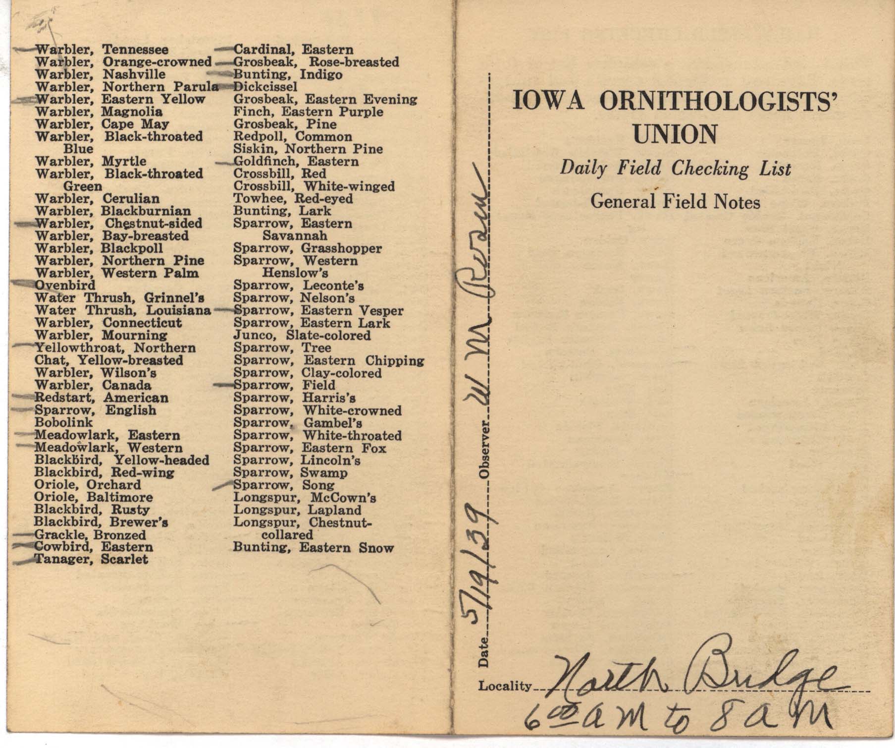 Daily field checking list by Walter Rosene, May 19, 1939