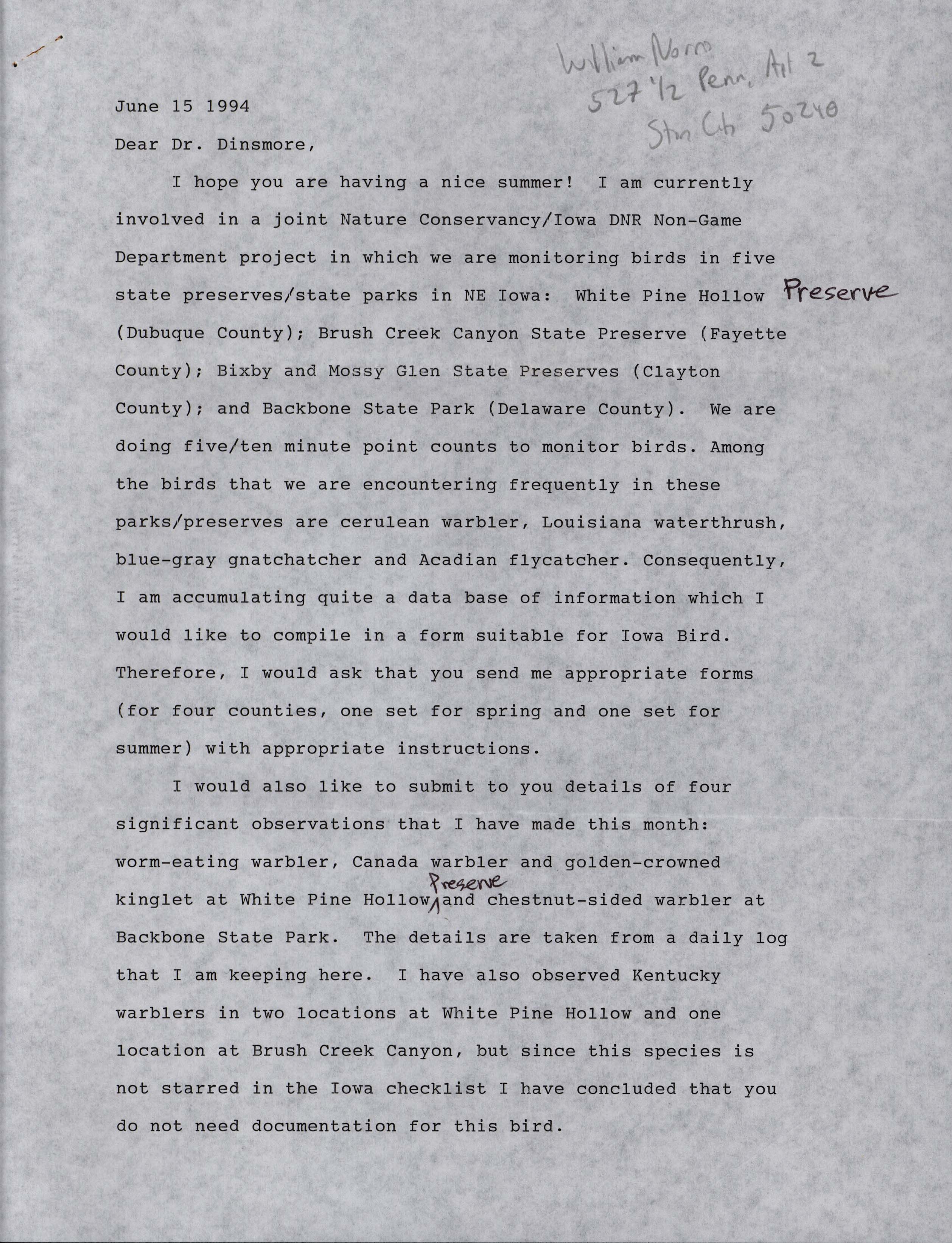 William Norris letter to Jim Dinsmore regarding birds sighted in North-East Iowa, June 15, 1994