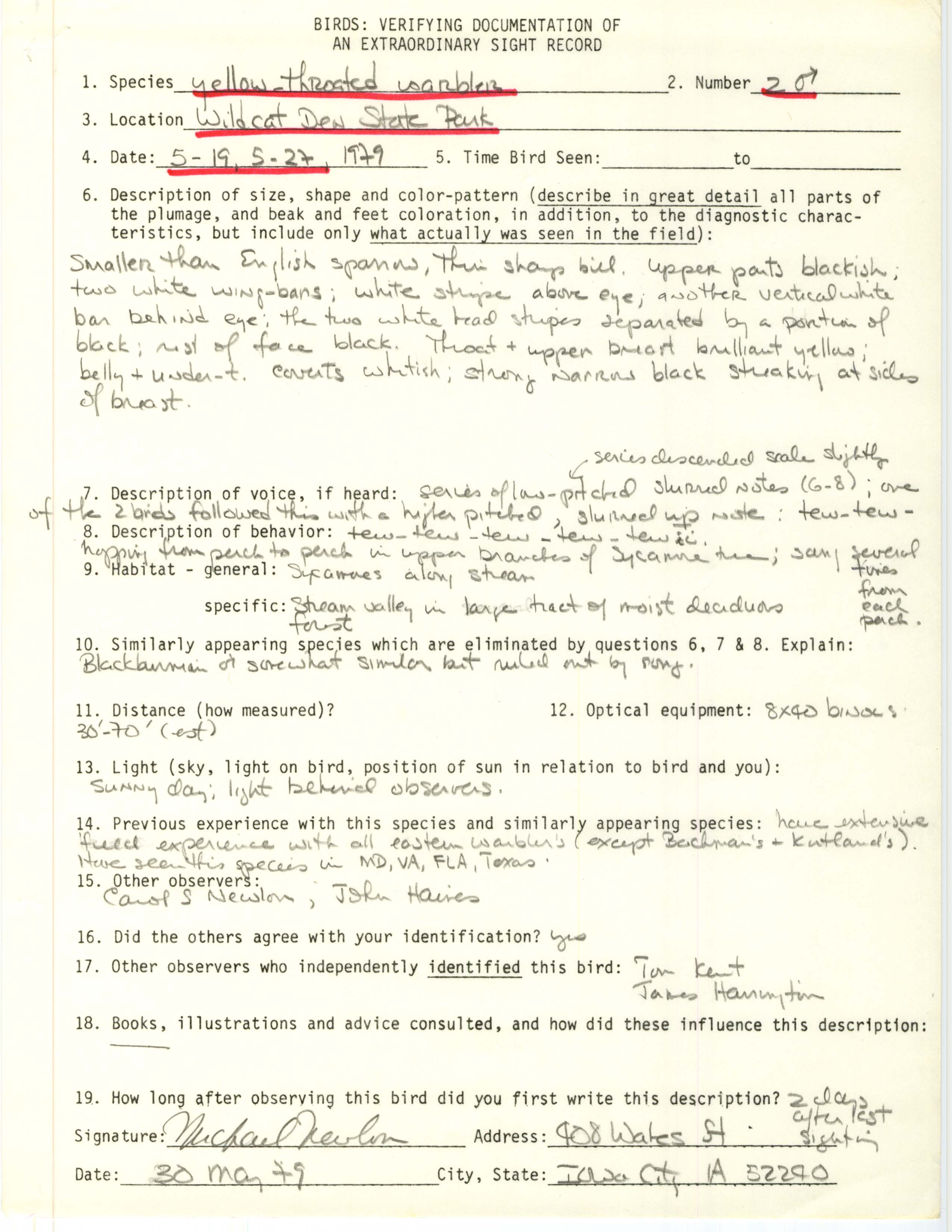 Rare bird documentation form for Yellow-throated Warbler at Wildcat Den State Park in 1979