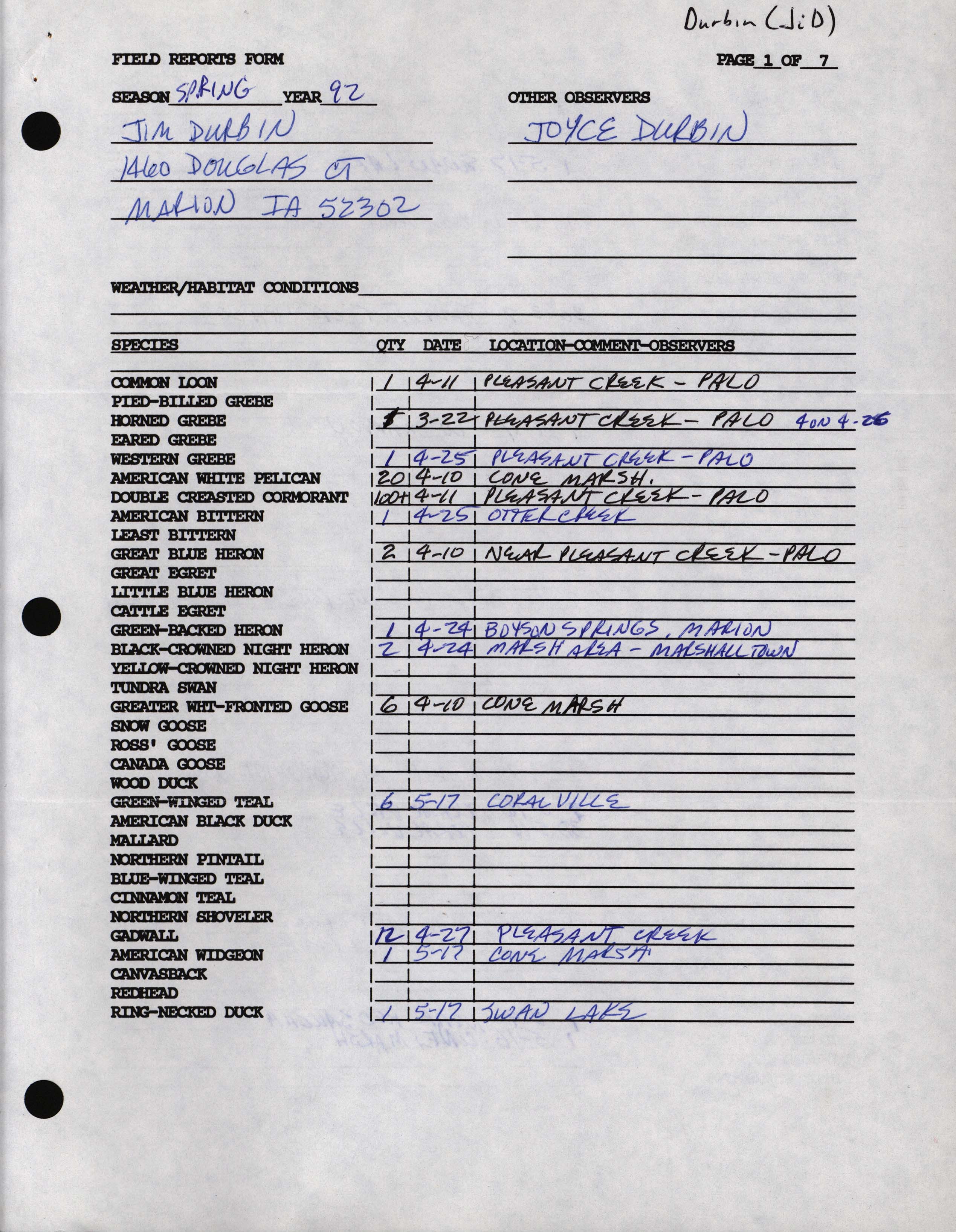Field notes contributed by James O. Durbin, spring 1992