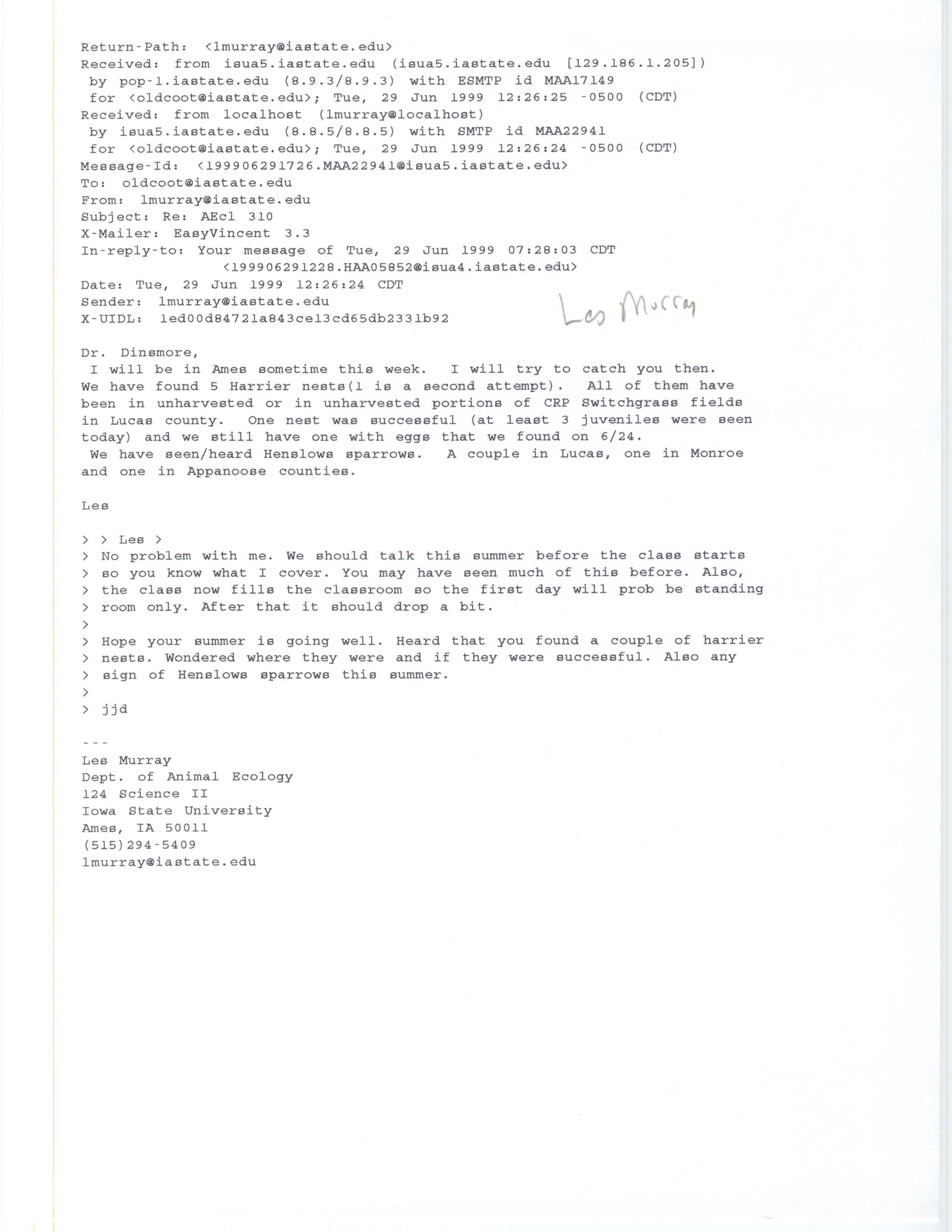 Les Murray email to Jim Dinsmore regarding Harrier nests, June 29, 1999 