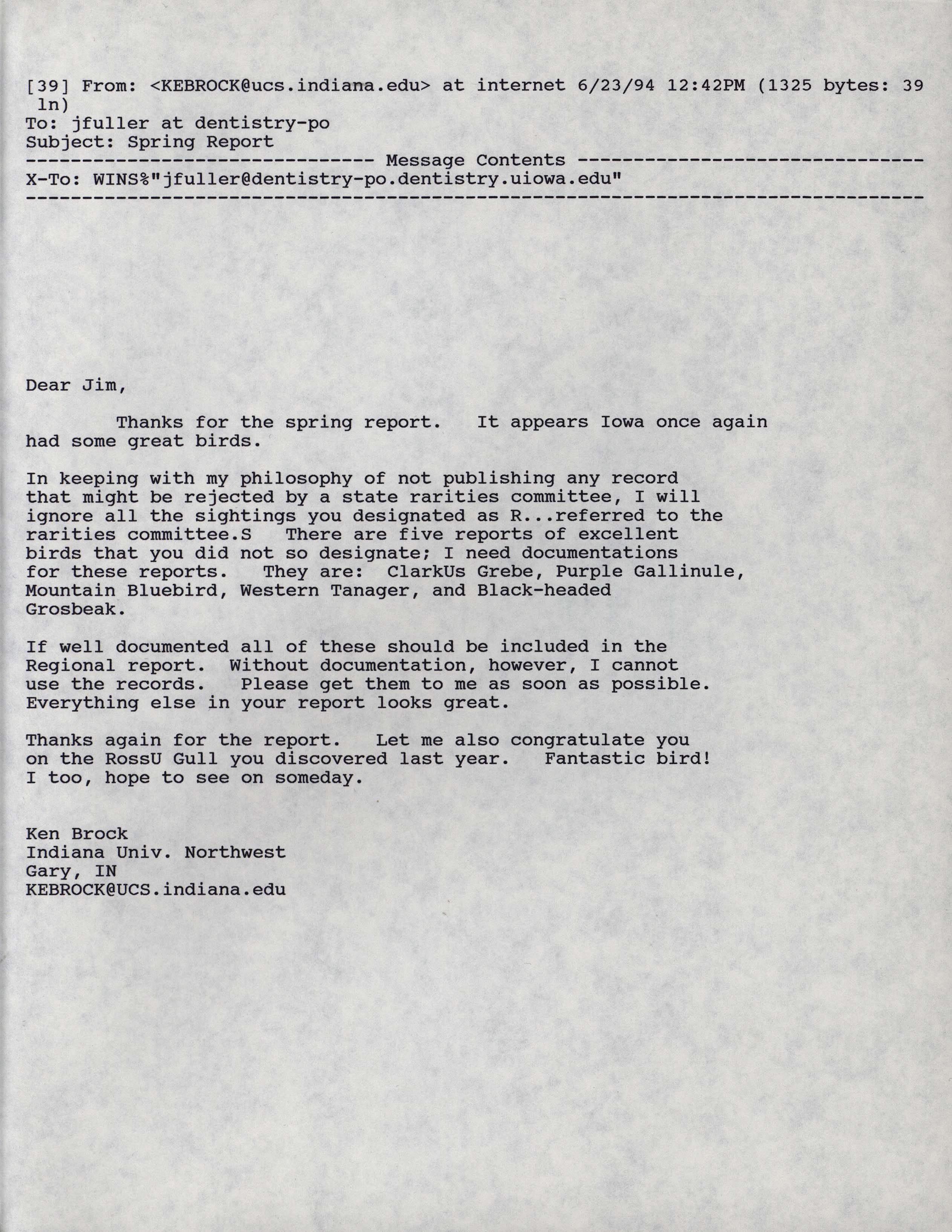 Kenneth Brock email to Jim Fuller regarding Iowa records, June 23, 1994