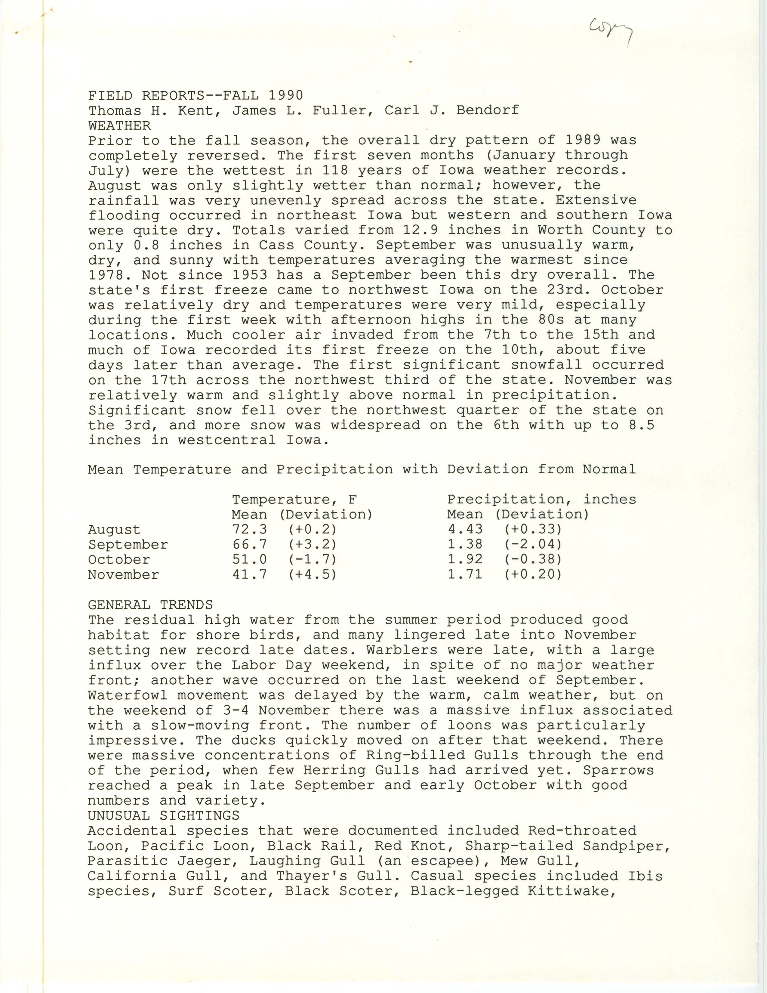 Iowa Ornithologists' Union, Quarterly field report, fall 1990