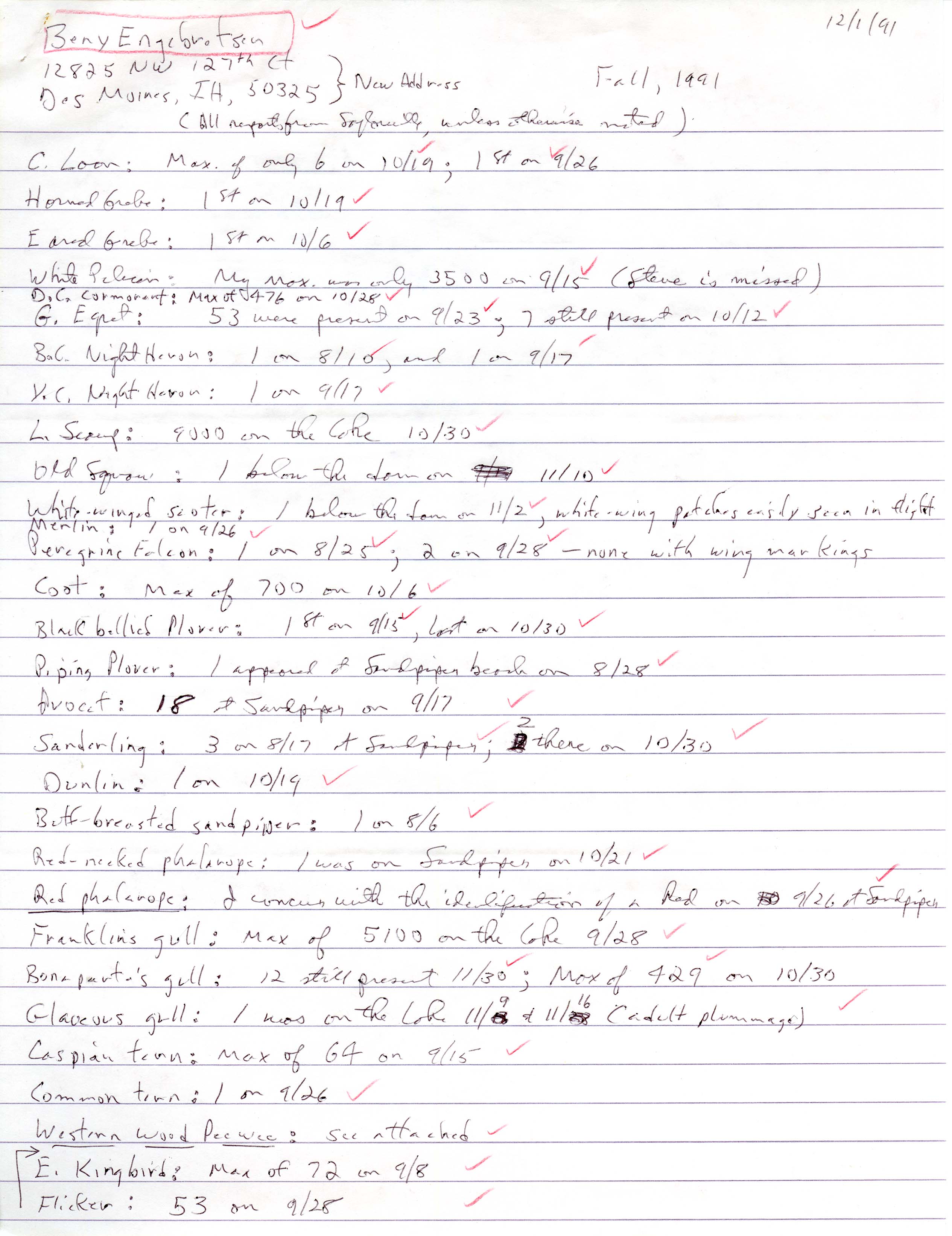 Field notes contributed by Bery Engebretsen, December 1, 1991