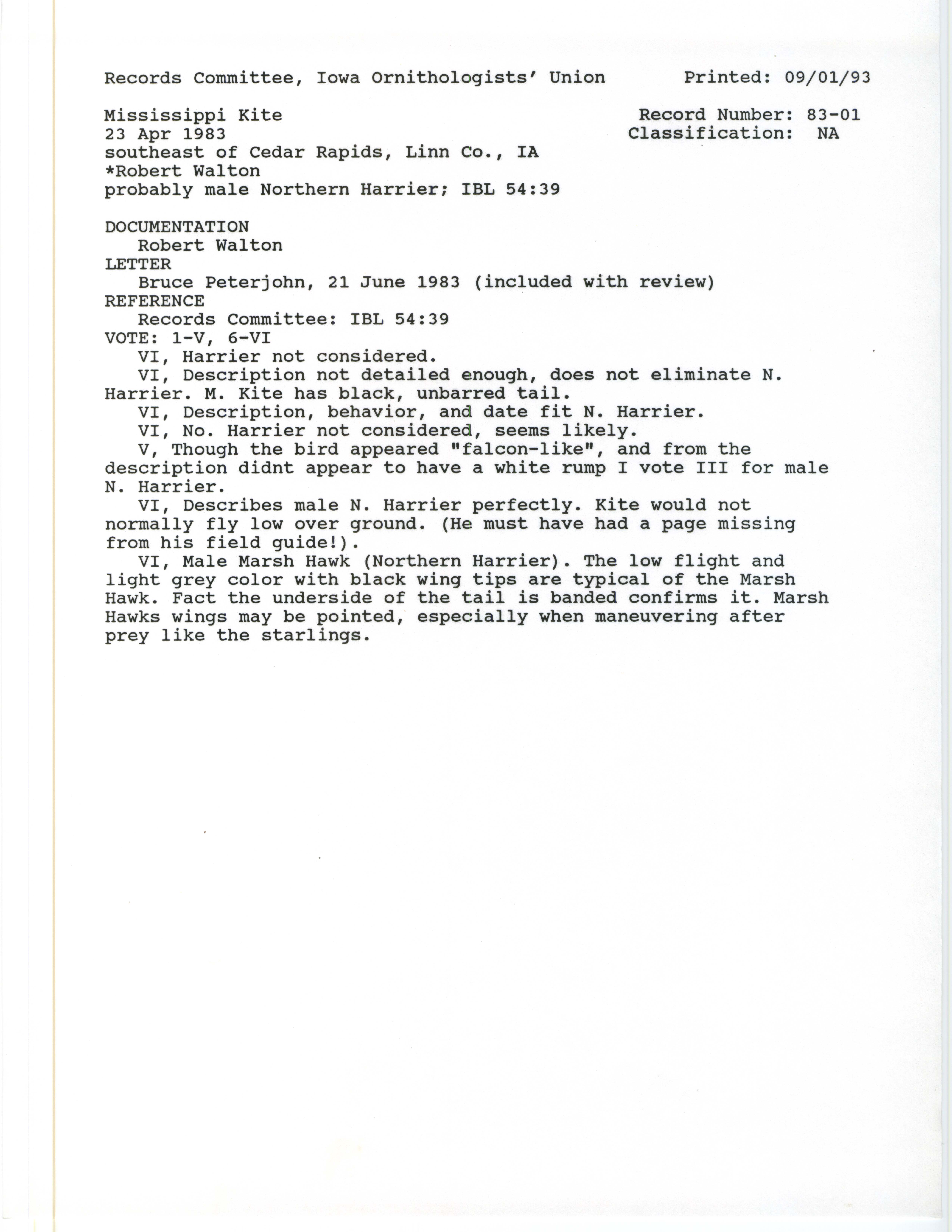 Records Committee review for rare bird sighting of Mississippi Kite at Cedar Rapids, 1983