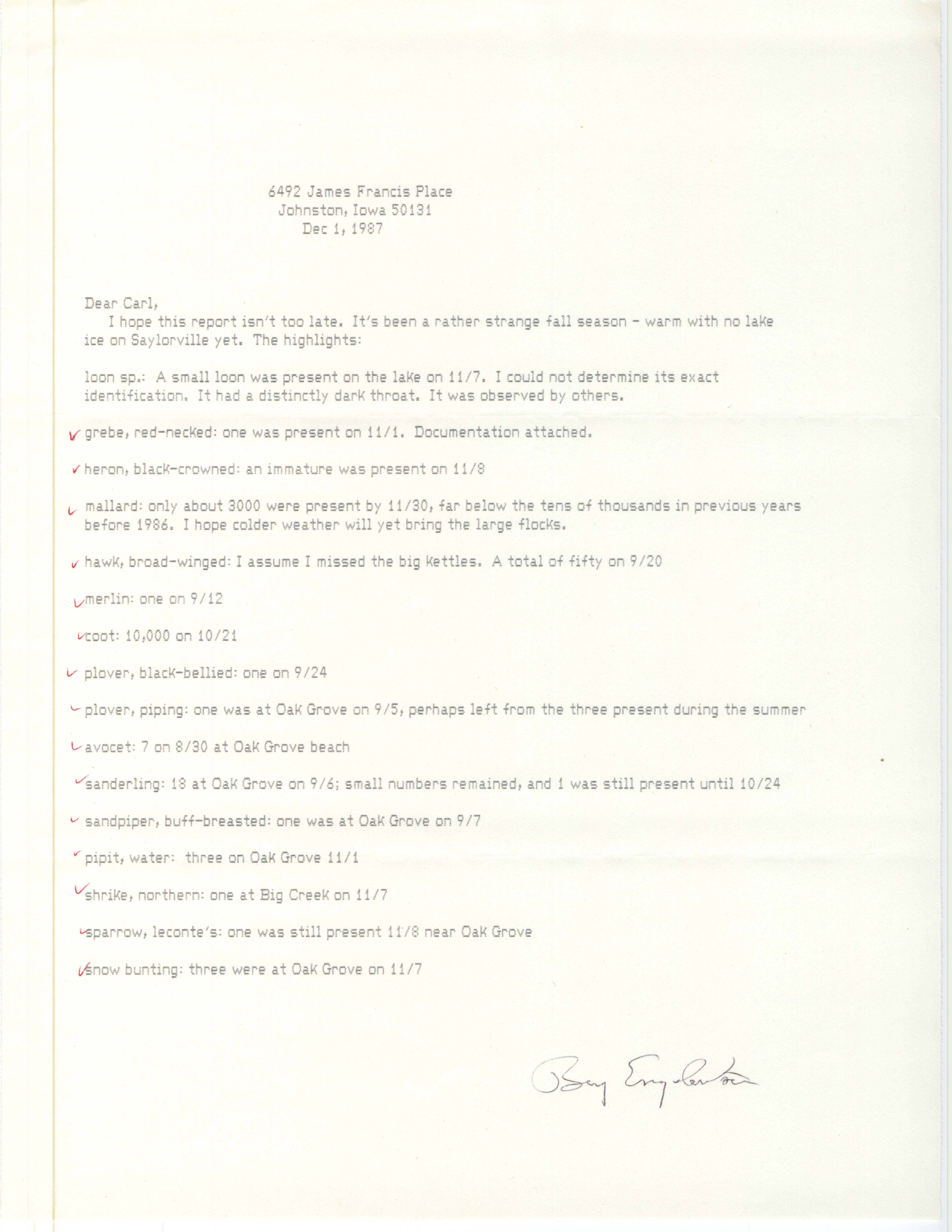 Bery Engebretsen letter to Carl J. Bendorf regarding fall bird sightings, December 1, 1987
