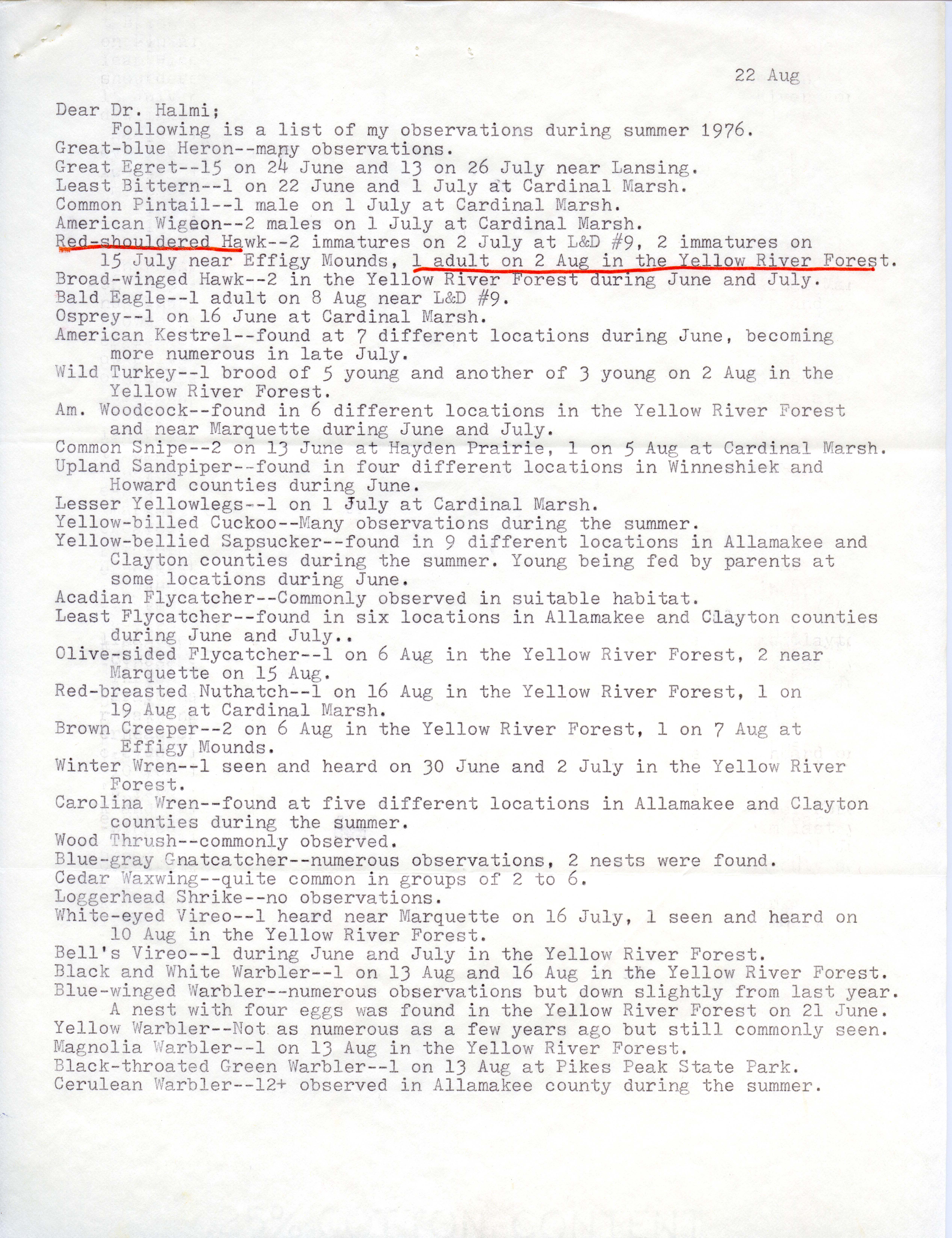 Darwin Koenig letter to Nicholas S. Halmi regarding fall migration, 1976