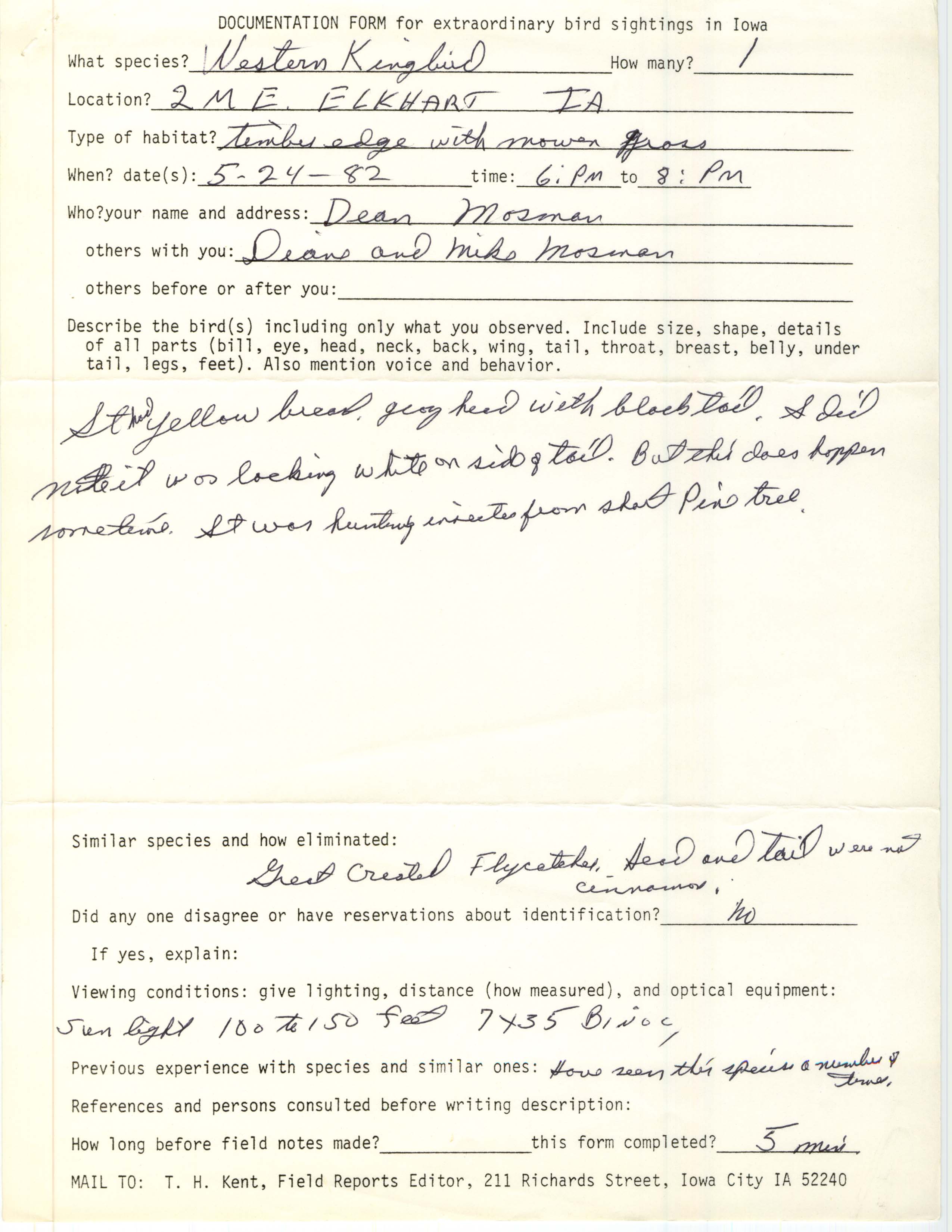 Rare bird documentation form for Western Kingbird east of Elkhart in 1982