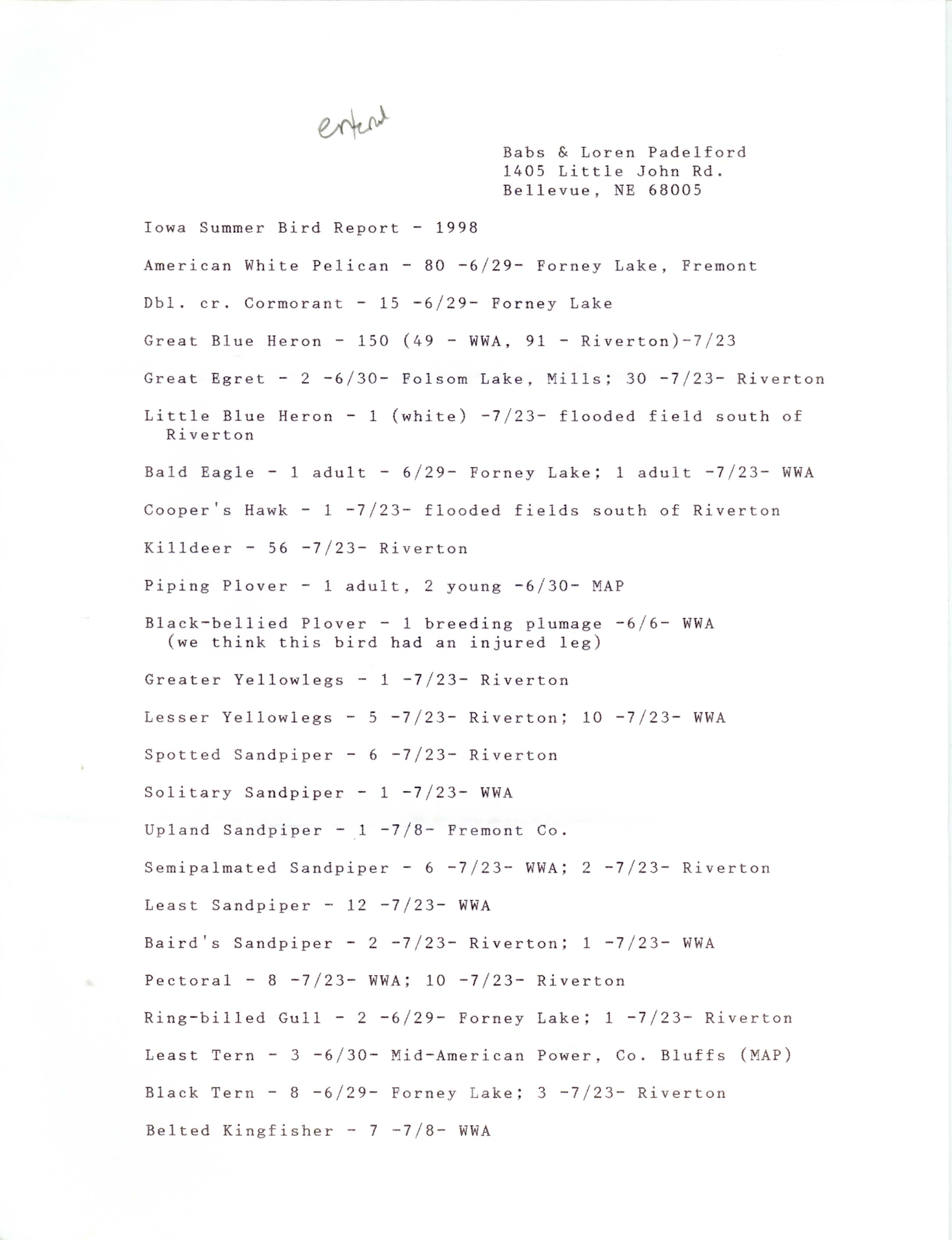 Iowa summer bird report, 1998, Babs & Loren Padelford