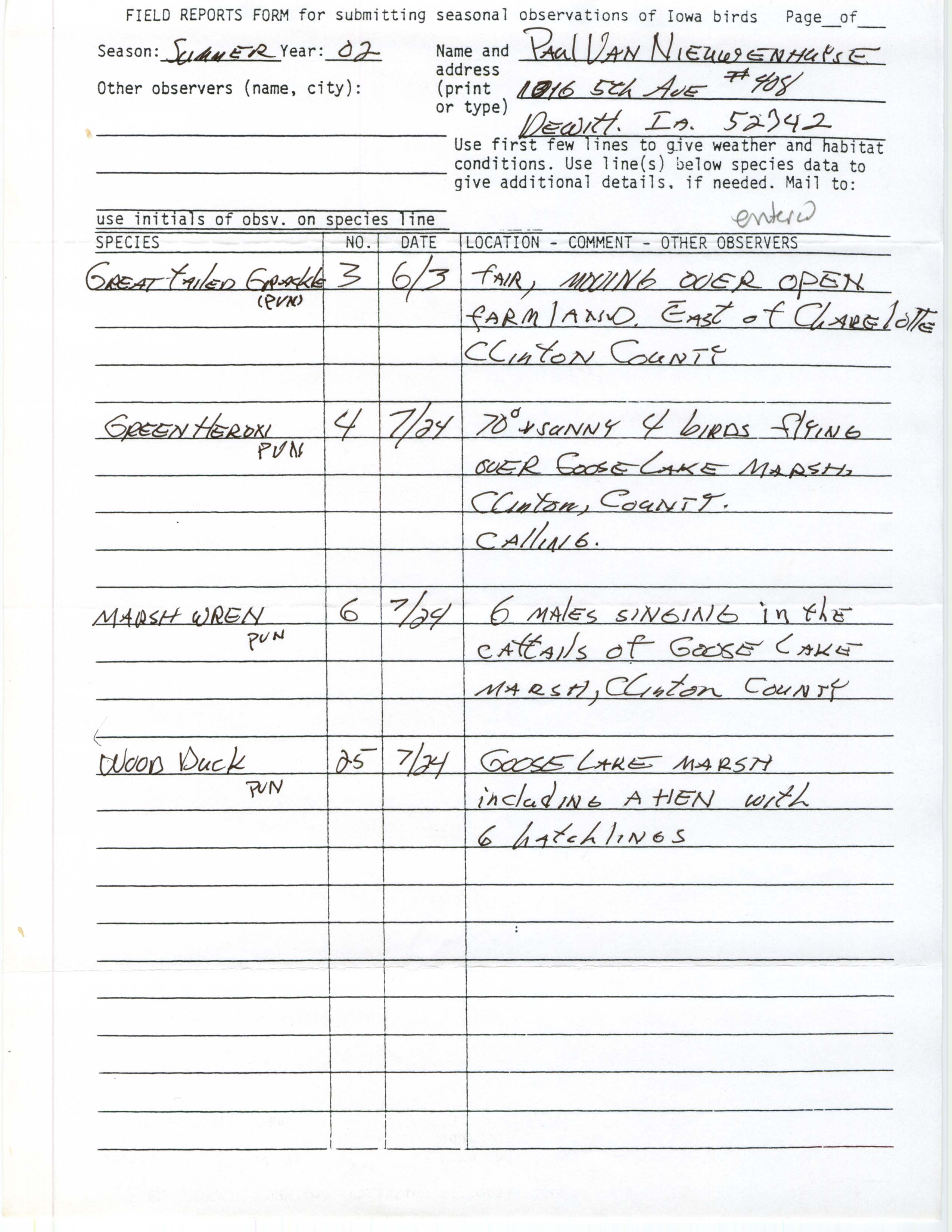 Field reports form for submitting seasonal observations of Iowa birds, Paul Van Nieuwenhuyse, summer 2002