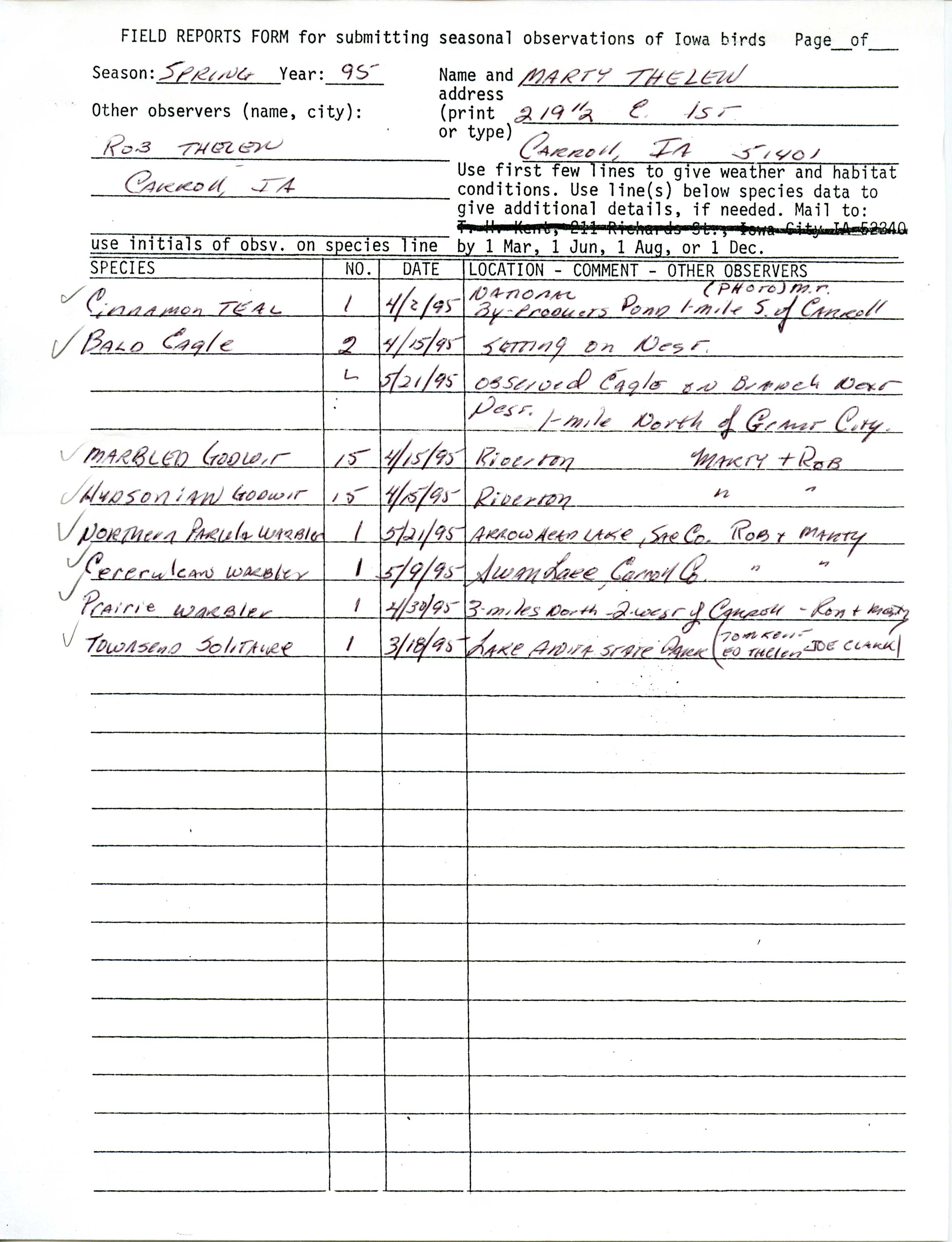 Field reports form for submitting seasonal observations of Iowa birds, spring 1995, Marty Thelen