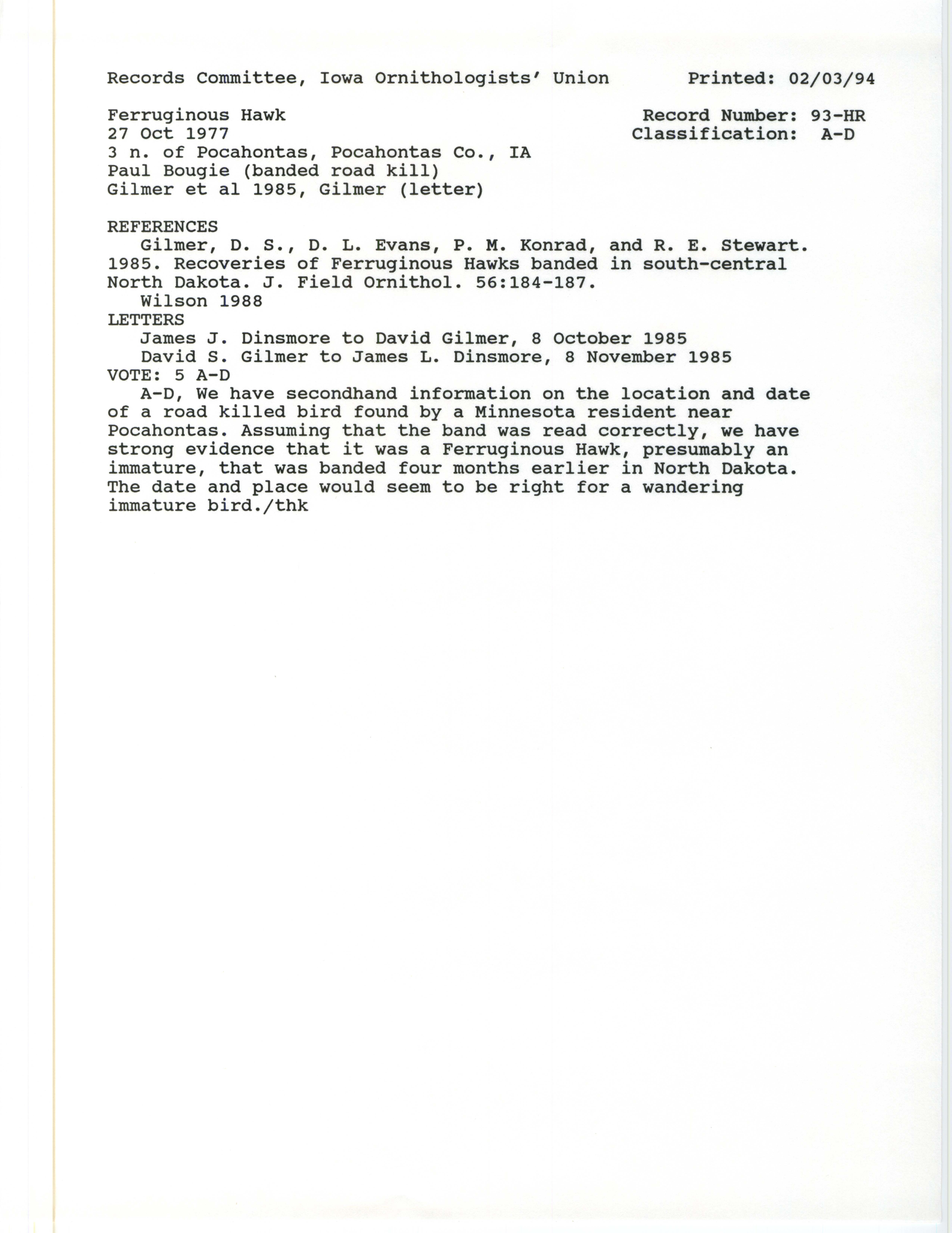 Records Committee review for rare bird sighting for Ferruginous Hawk north of Pocahontas in 1977