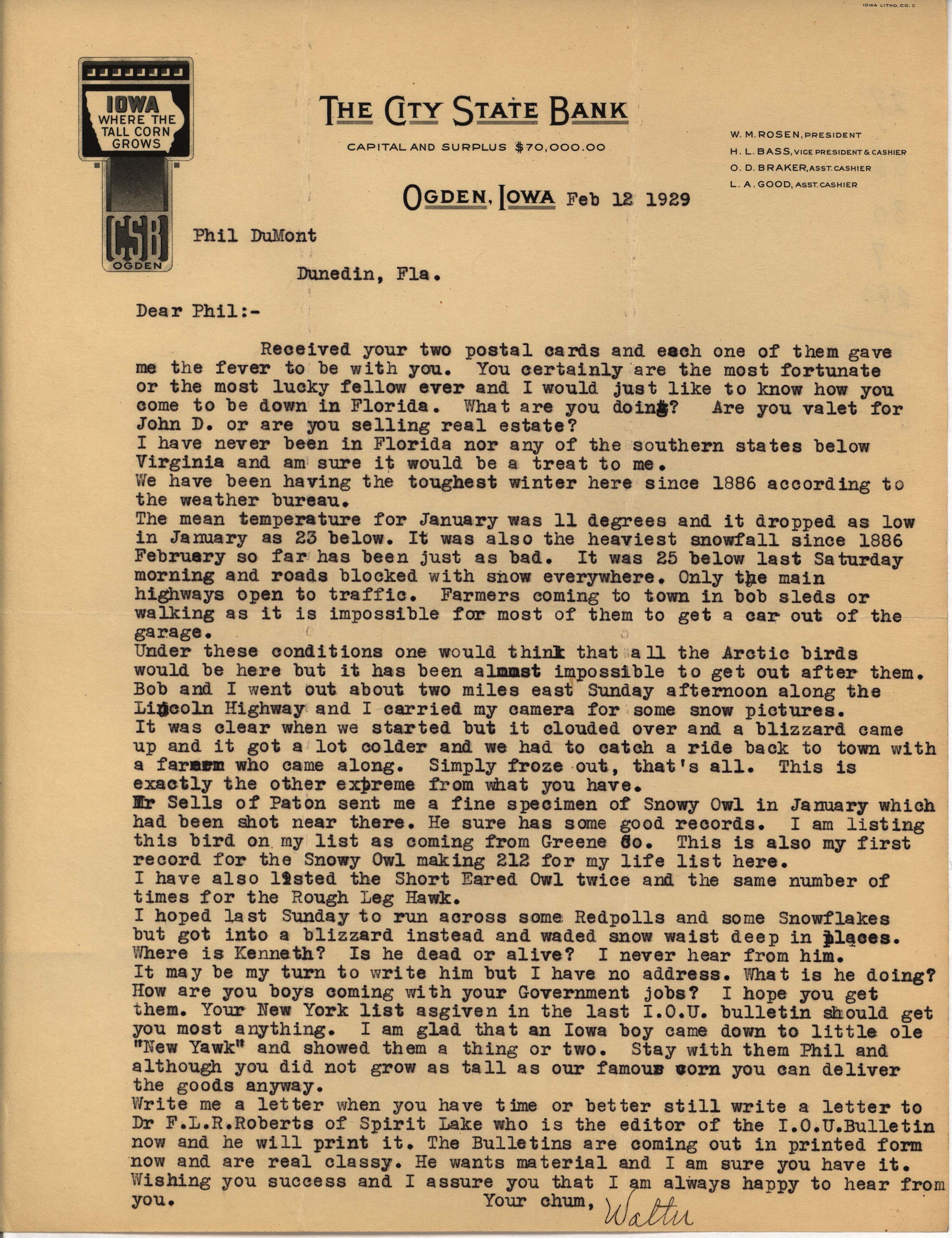 Walter Rosene letter to Philip DuMont regarding Iowa weather, February 12, 1929