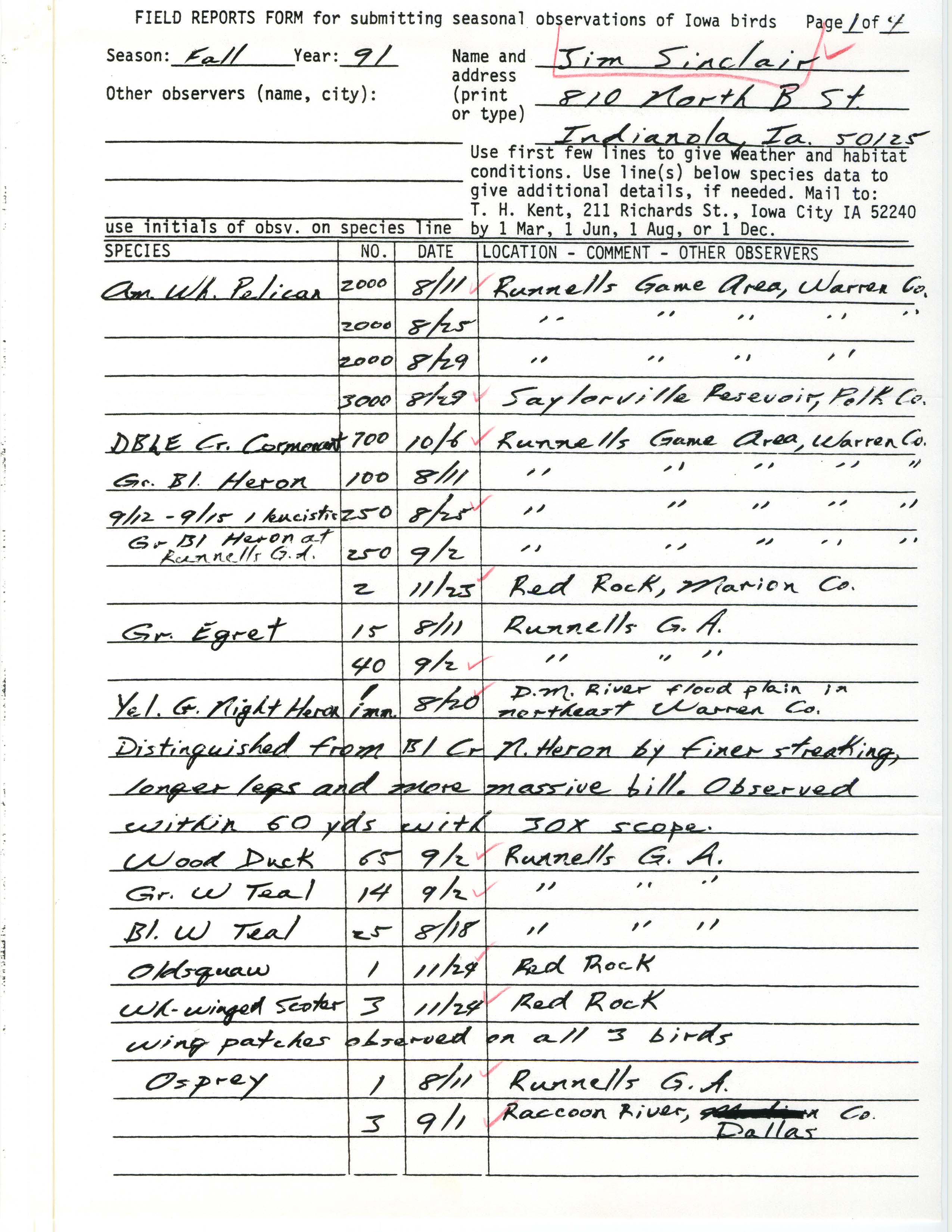 Field reports form for submitting seasonal observations of Iowa birds, Jim Sinclair, fall 1991