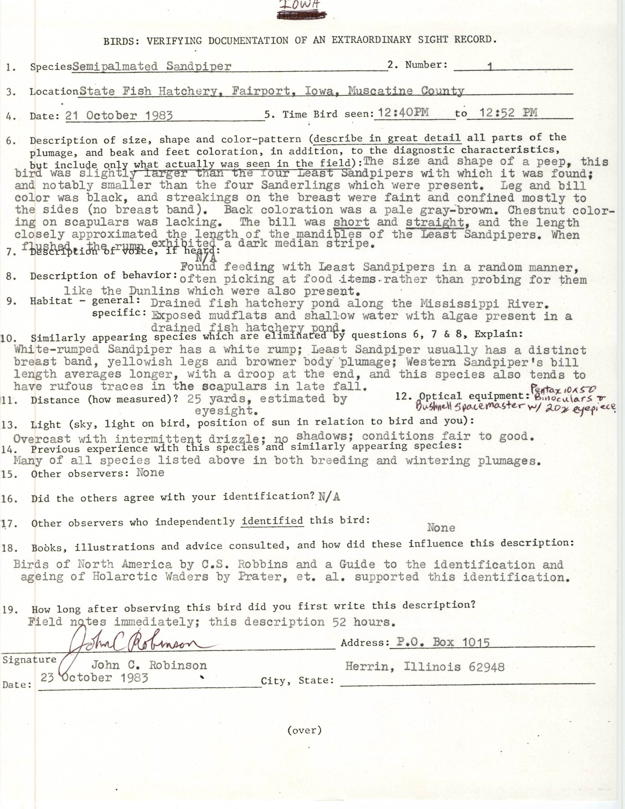 Rare bird documentation form for Semipalmated Sandpiper at Fairport State Fish Hatchery, 1983