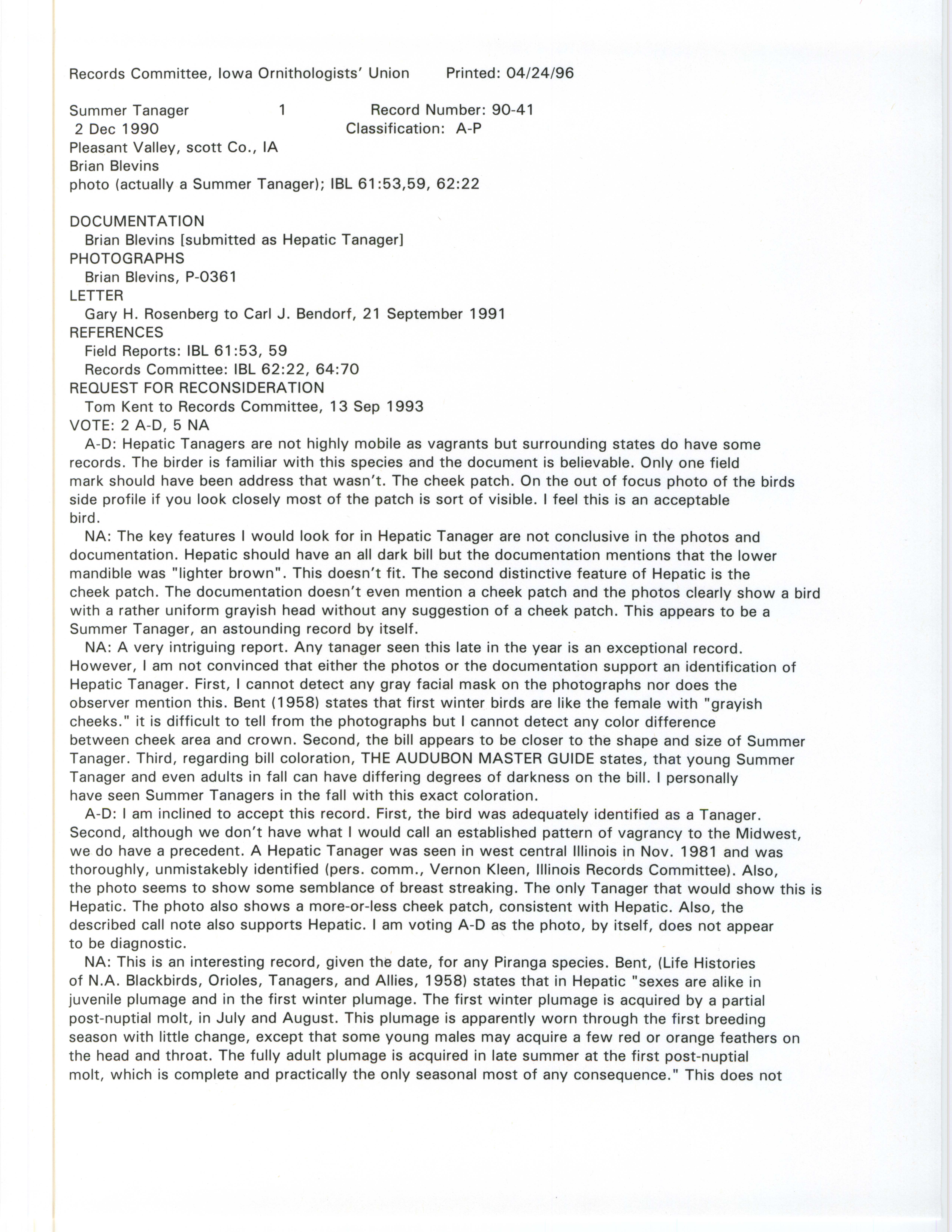 Records Committee review for rare bird sighting for Summer Tanager at Pleasant Valley, 1990