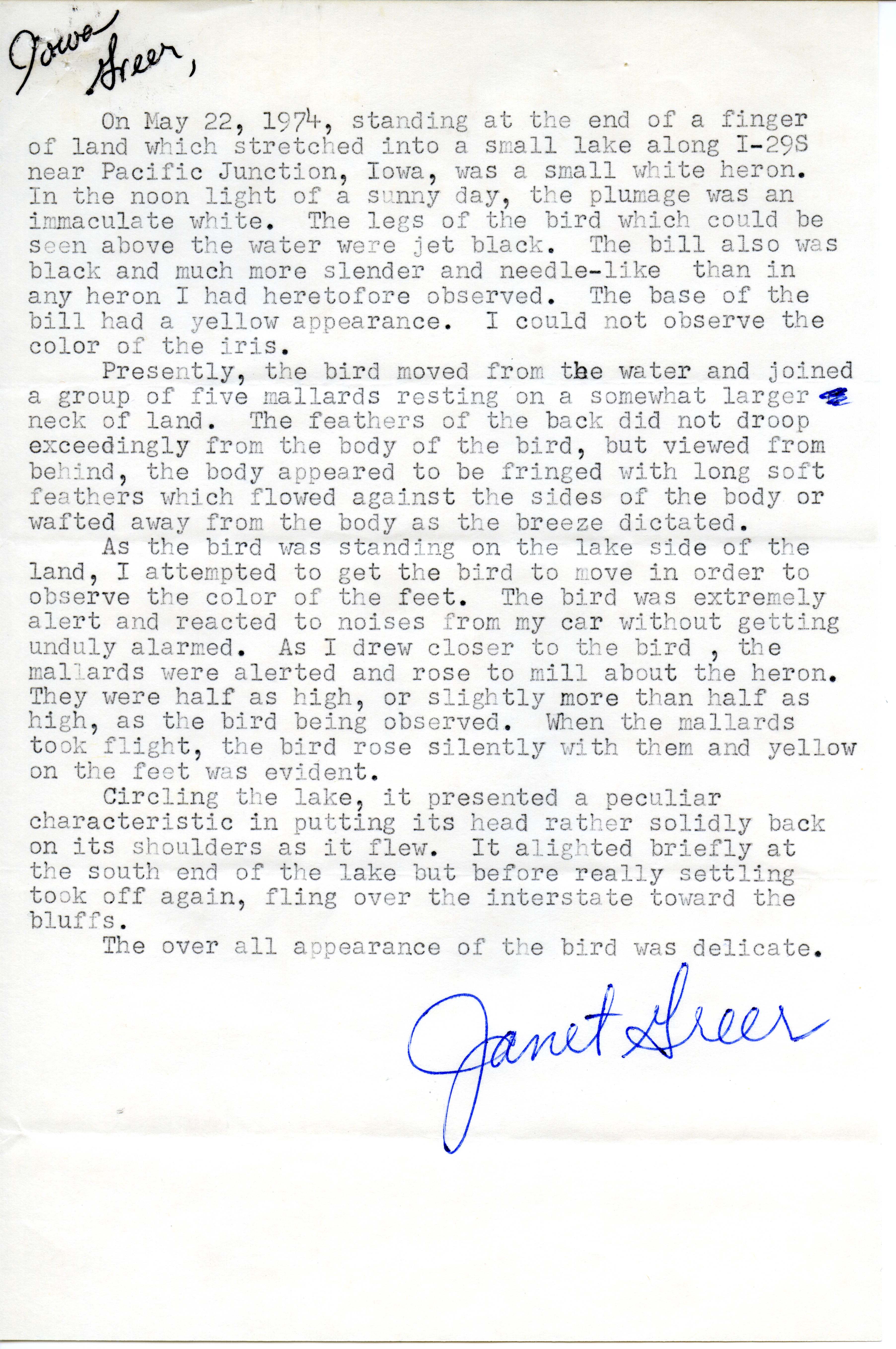Letter from Janet Greer to Vernon M. Kleen reporting a Snowy Egret, May 22, 1974. 