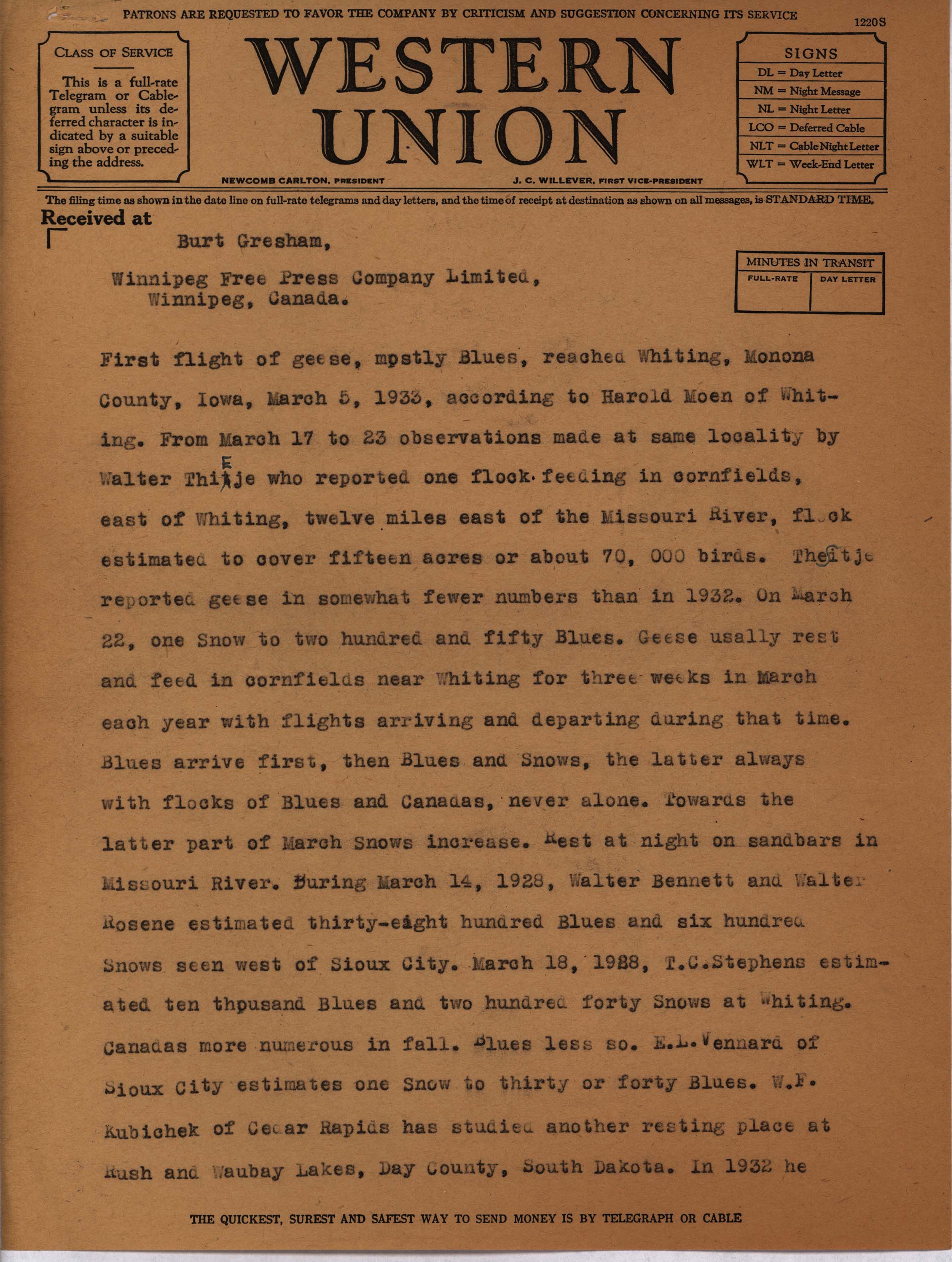 Philip DuMont telegram to Burt Gresham regarding Goose migration, Spring 1933