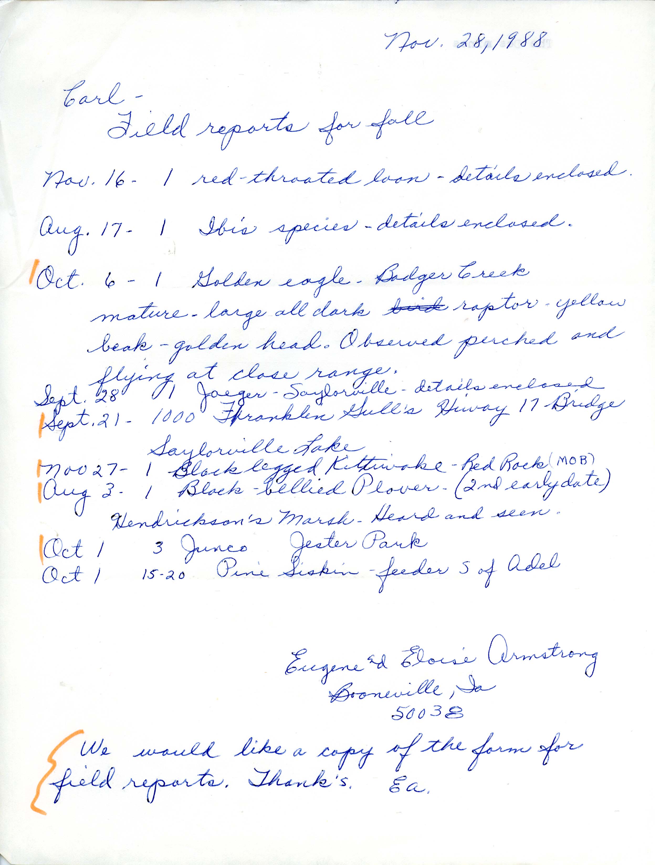 Eloise Armstrong and Eugene Armstrong letter to Carl J. Bendorf regarding bird sightings, November 28, 1988