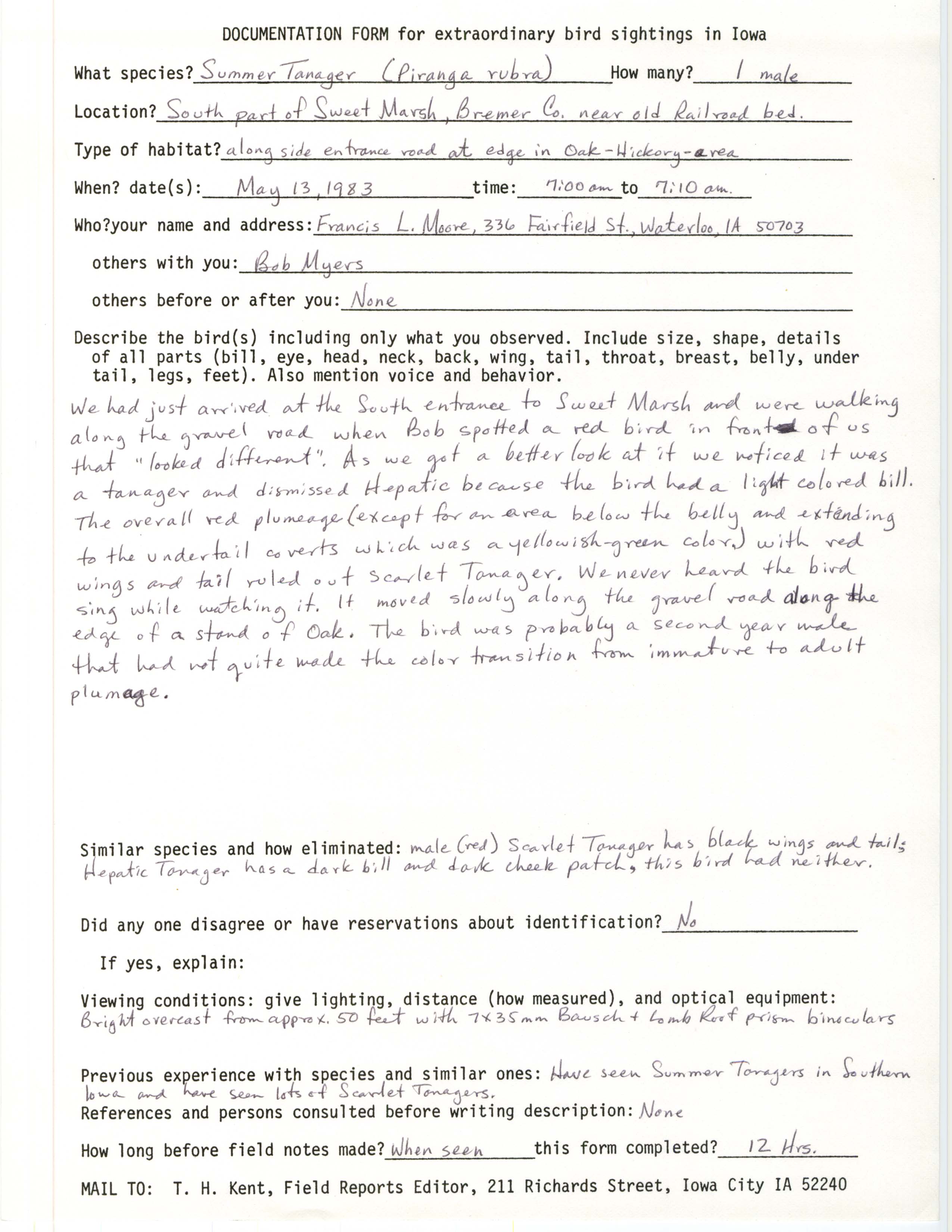 Rare bird documentation form for Summer Tanager at Sweet Marsh, 1983