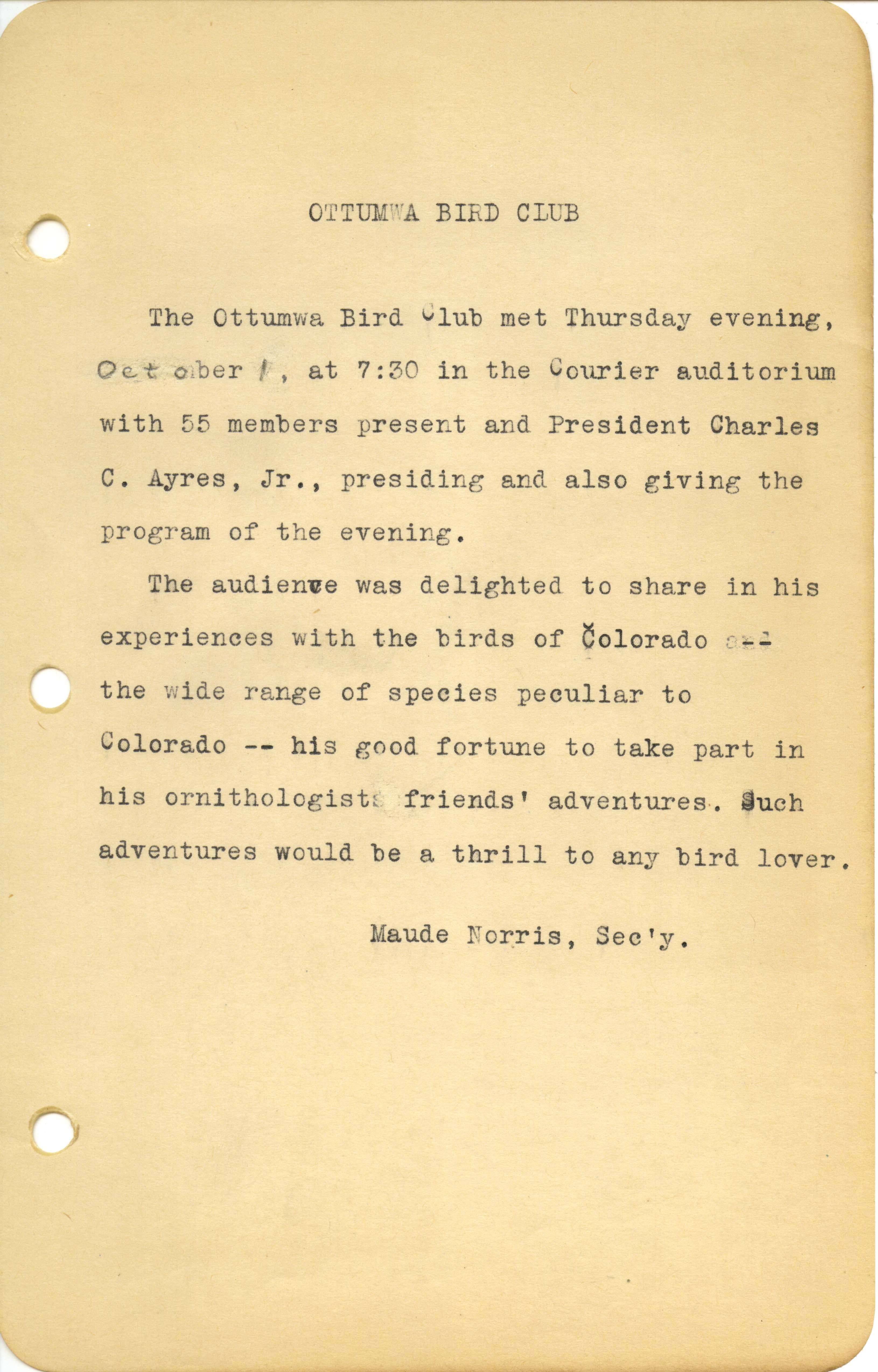  Ottumwa Bird Club meeting minutes, October 1, 1944