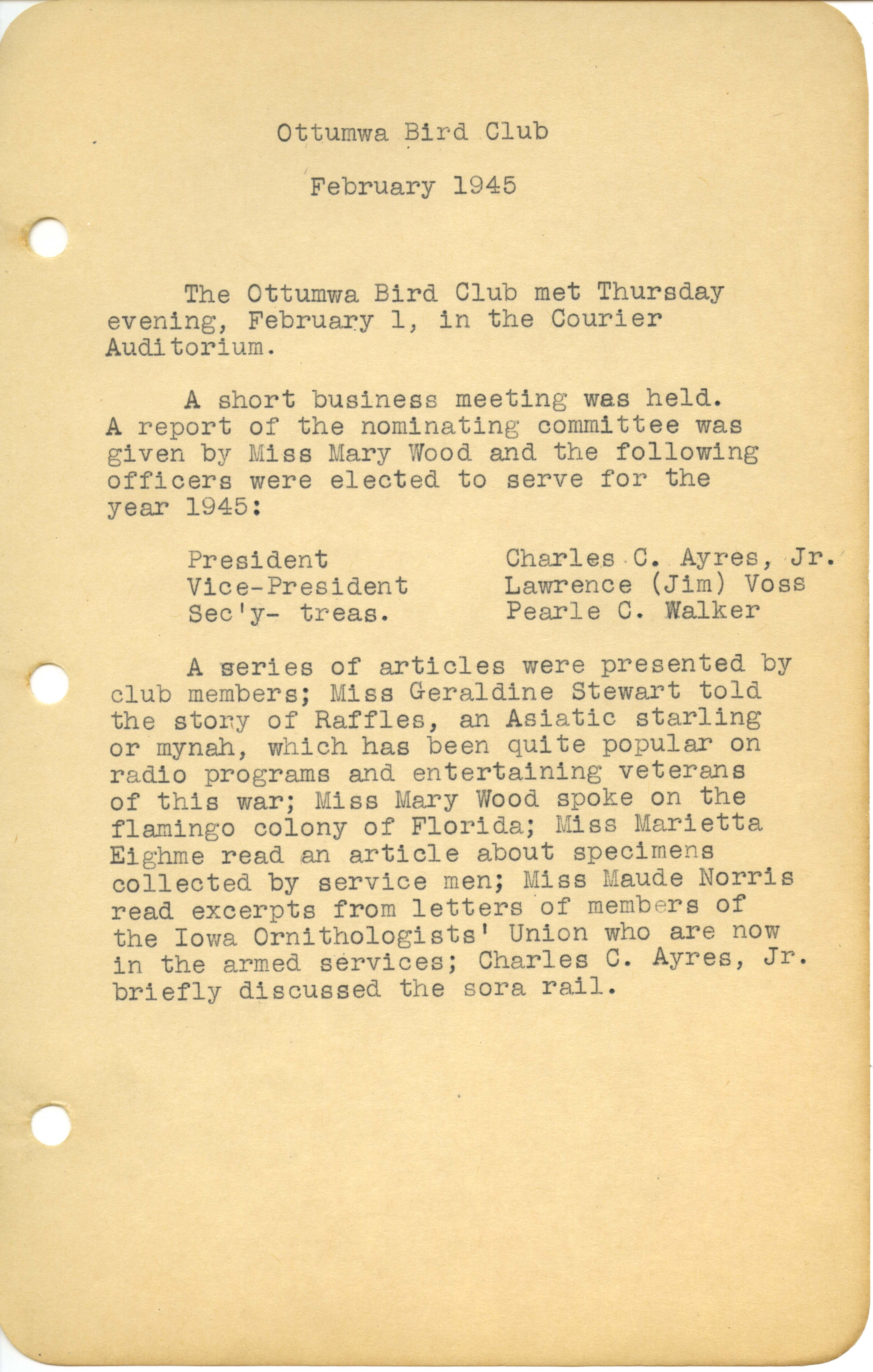  Ottumwa Bird Club meeting minutes, February 1, 1945 