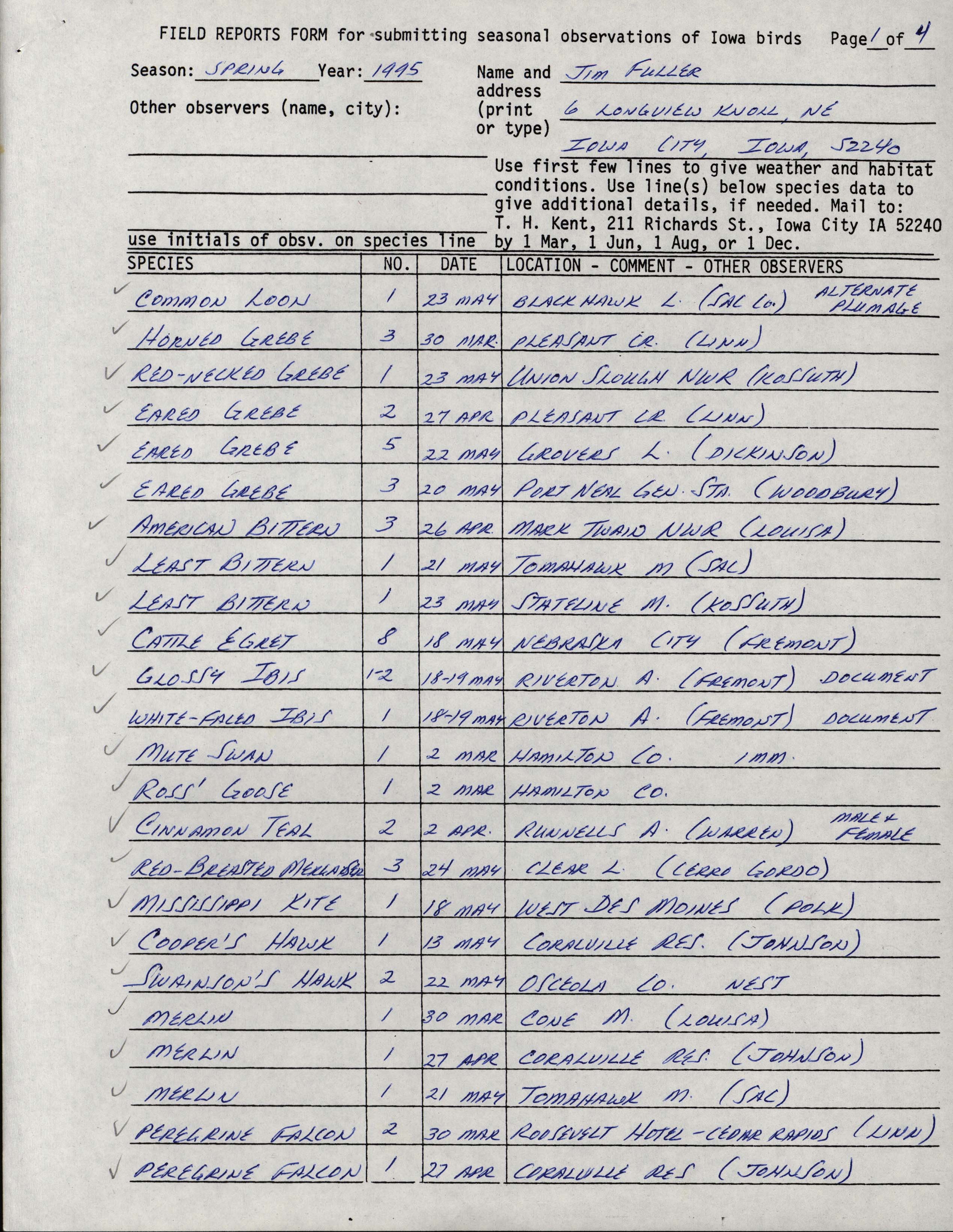 Field reports form for submitting seasonal observations of Iowa birds, spring 1995, Jim Fuller