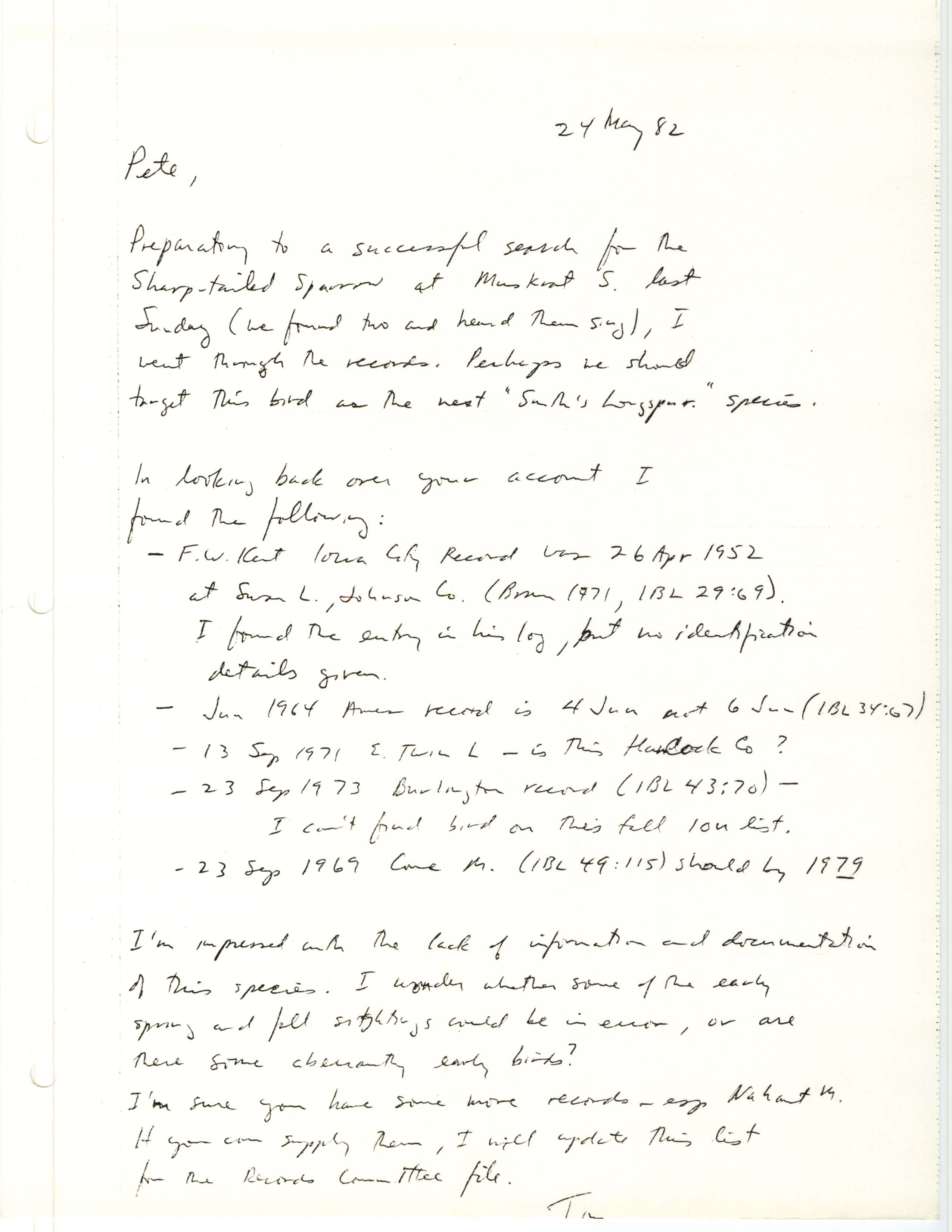 Thomas Kent letter to Peter C. Petersen regarding Sharp-tailed Sparrow sightings in Iowa, May 24, 1982
